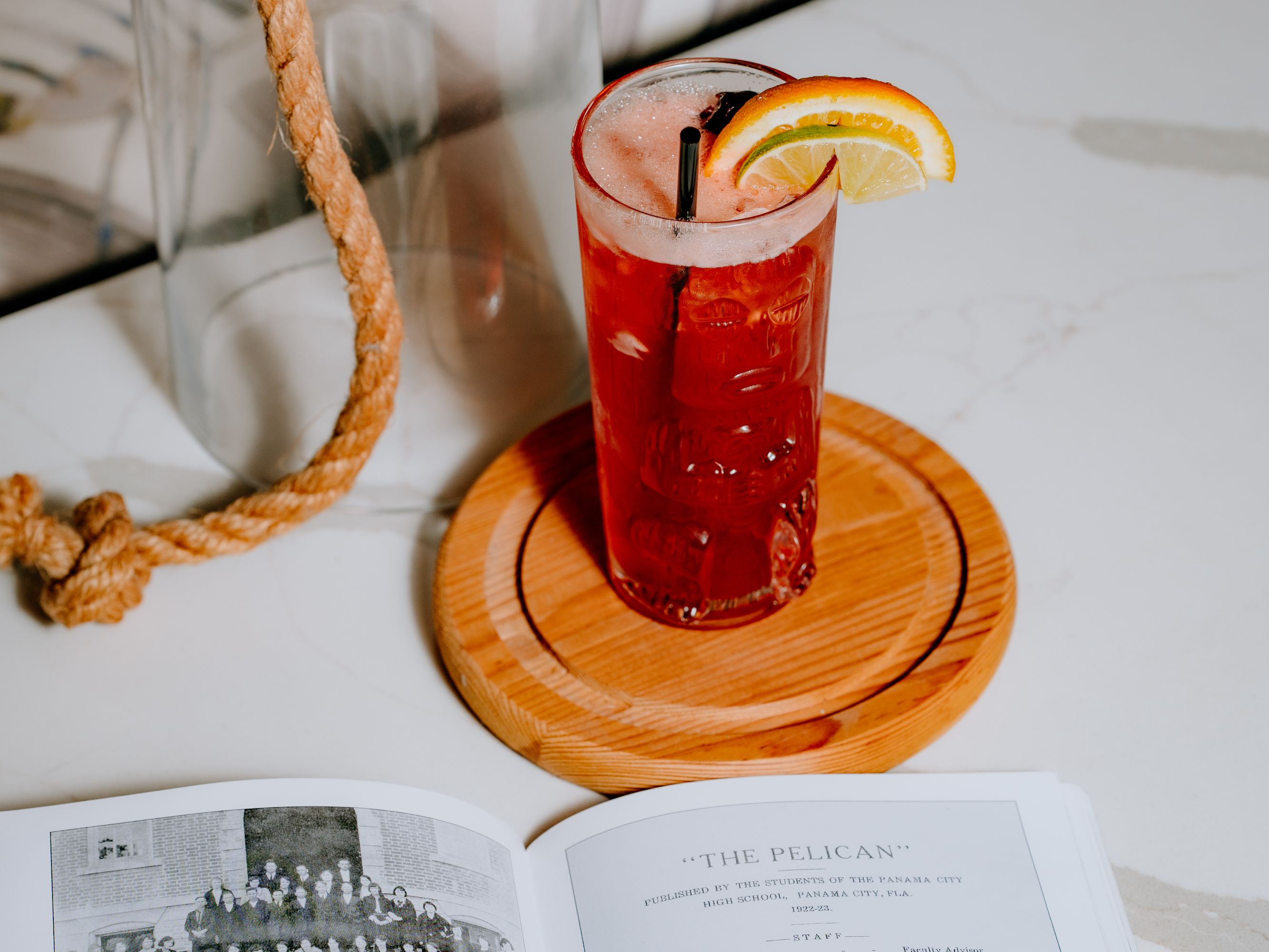 Cocktail with citrus garnish.