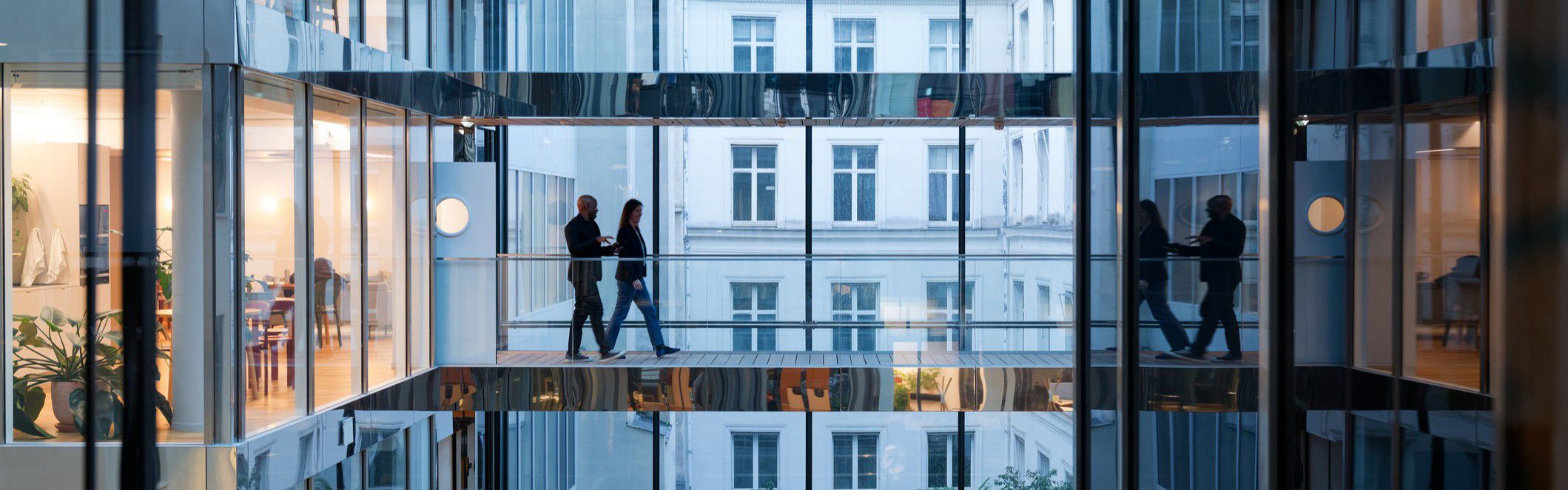 Office buildings connected by a bridge