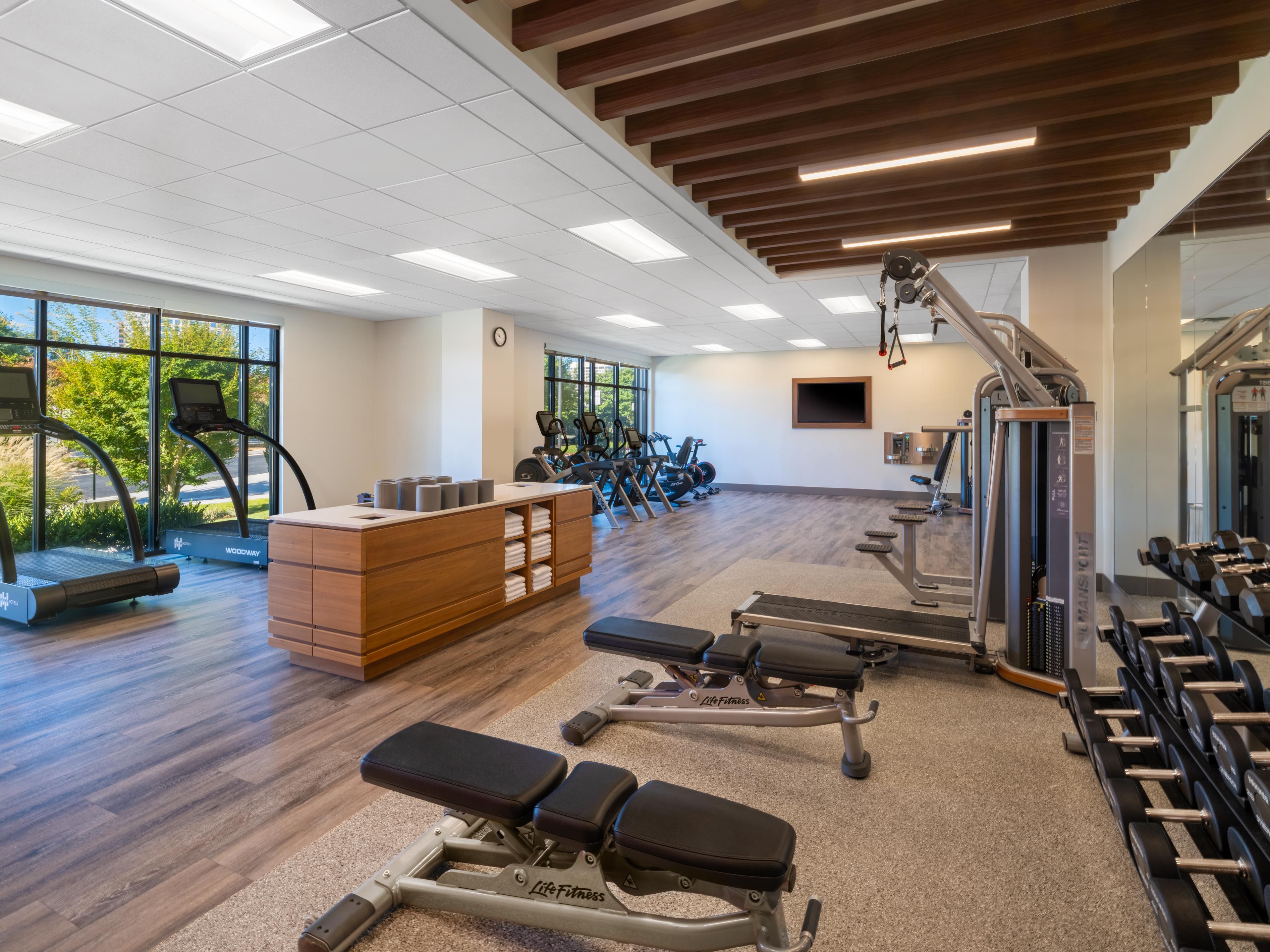 Comfort meets convenience at our hotel, with in-room fitness zones that offer a private space to maintain your routine anytime. For a more extensive workout, visit our 24-hour, fully equipped athletic studio. Designed with balance in mind, our amenities make it easy to prioritize your health.