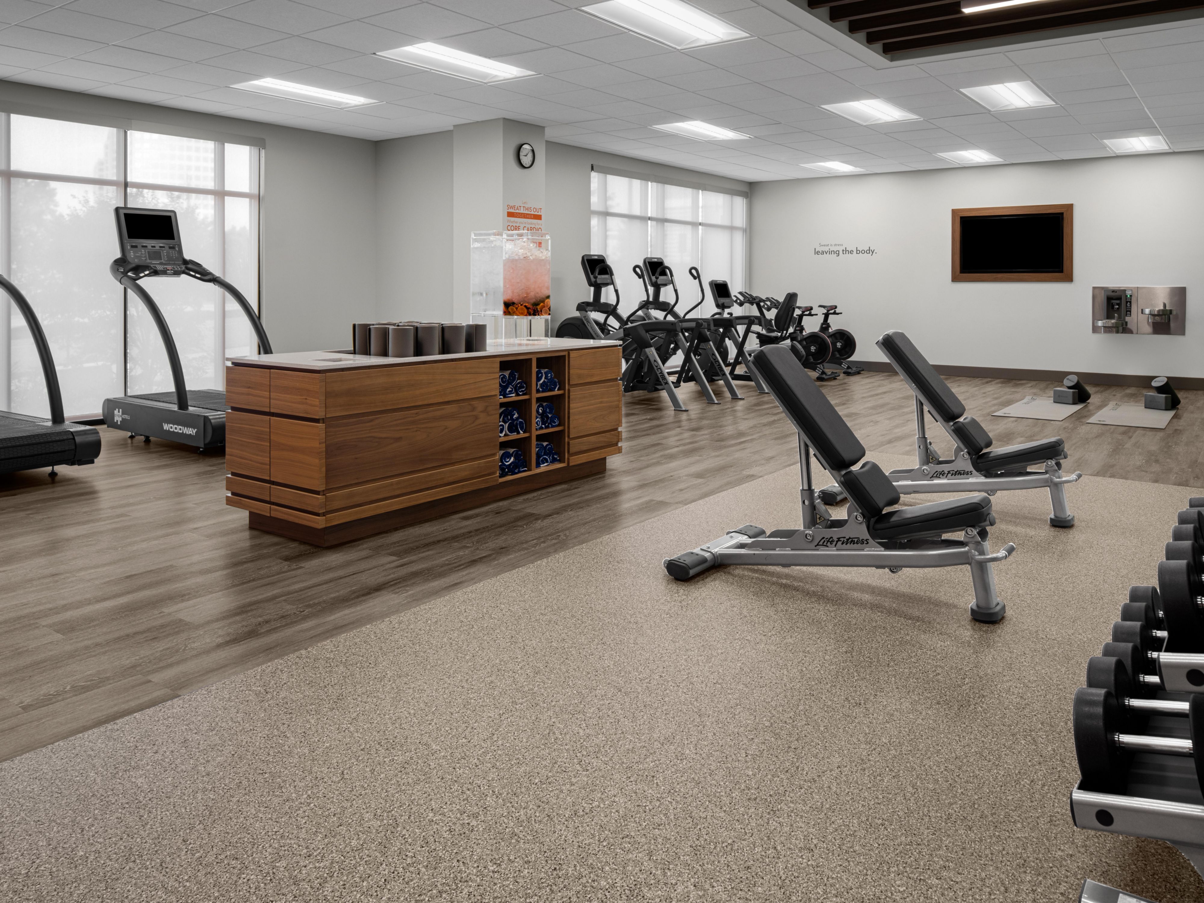 Open 24/7, our athletic studio offers the flexibility and freedom you need to maintain a healthy lifestyle while traveling. With state-of-the-art equipment, group classes, and personalized activities, we offer everything you need for cardio, yoga, and weight inspired workouts.