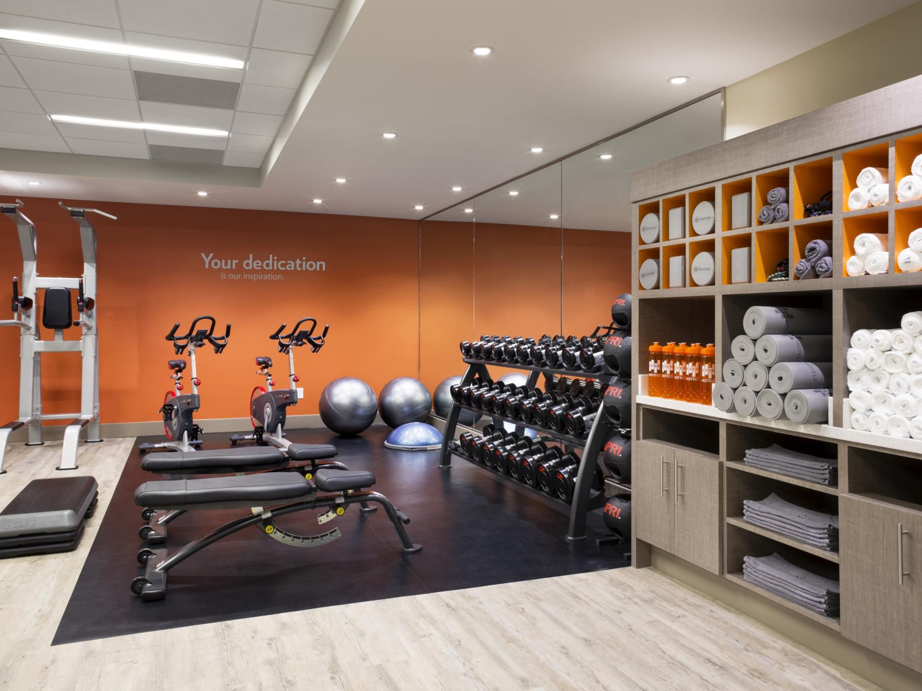 Stay fit at our hotel's onsite Athletic Studio, which is open 24/7 and equipped with countless state-of-the-art machines for full-body workouts, as well as on-demand training videos for in-room workouts. Each hotel room offers fitness equipment so you can maintain your routine with ease.
