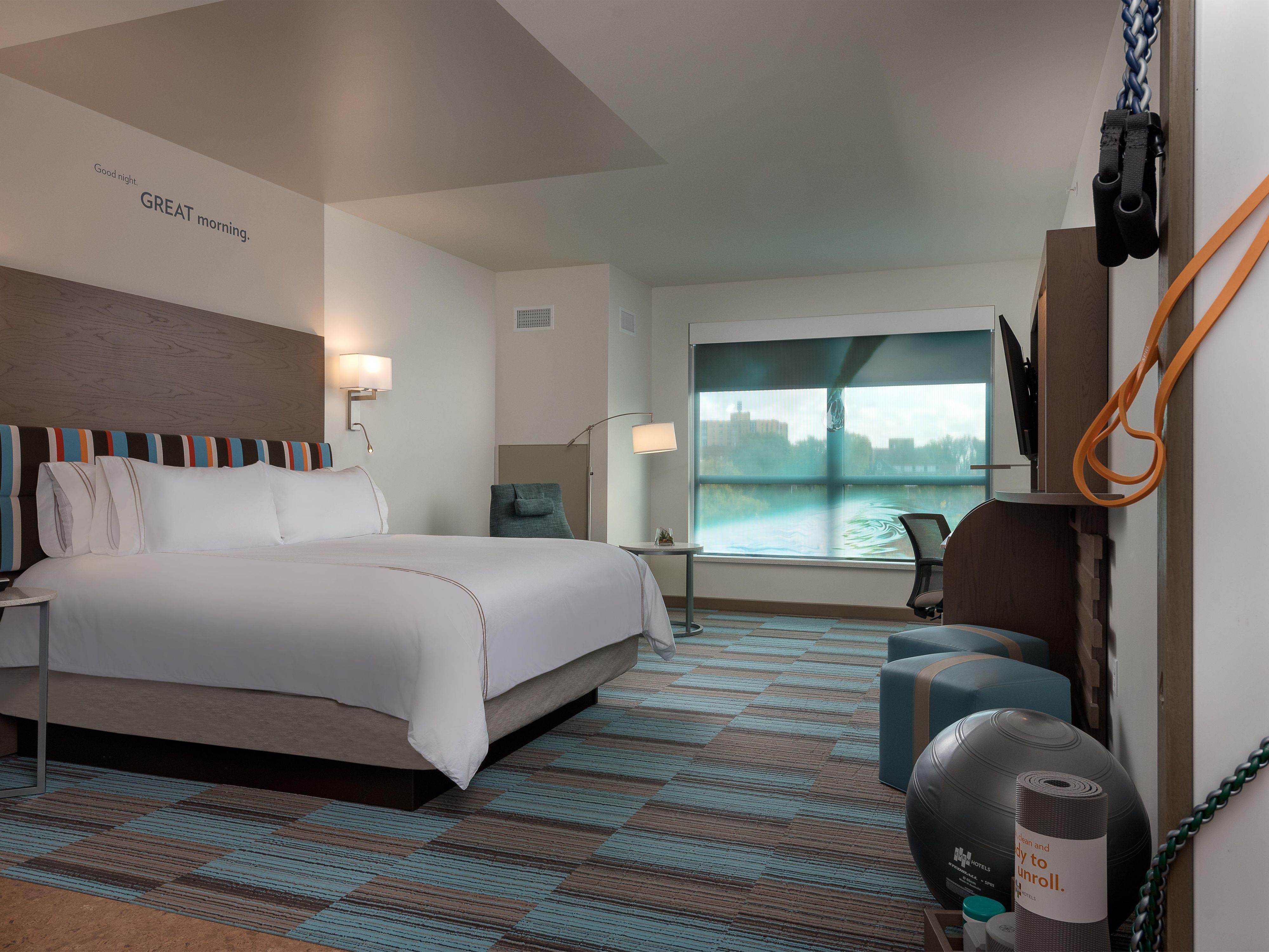 Rest well, play hard, and stay productive during your stay. Eucalyptus linens and king-sized beds offer a premium sleep experience while in-room fitness equipment makes working out easy. Then, relax in our spa-inspired shower. Stretch your legs as you work with desks that accommodate both standing and sitting and free Wi-Fi.