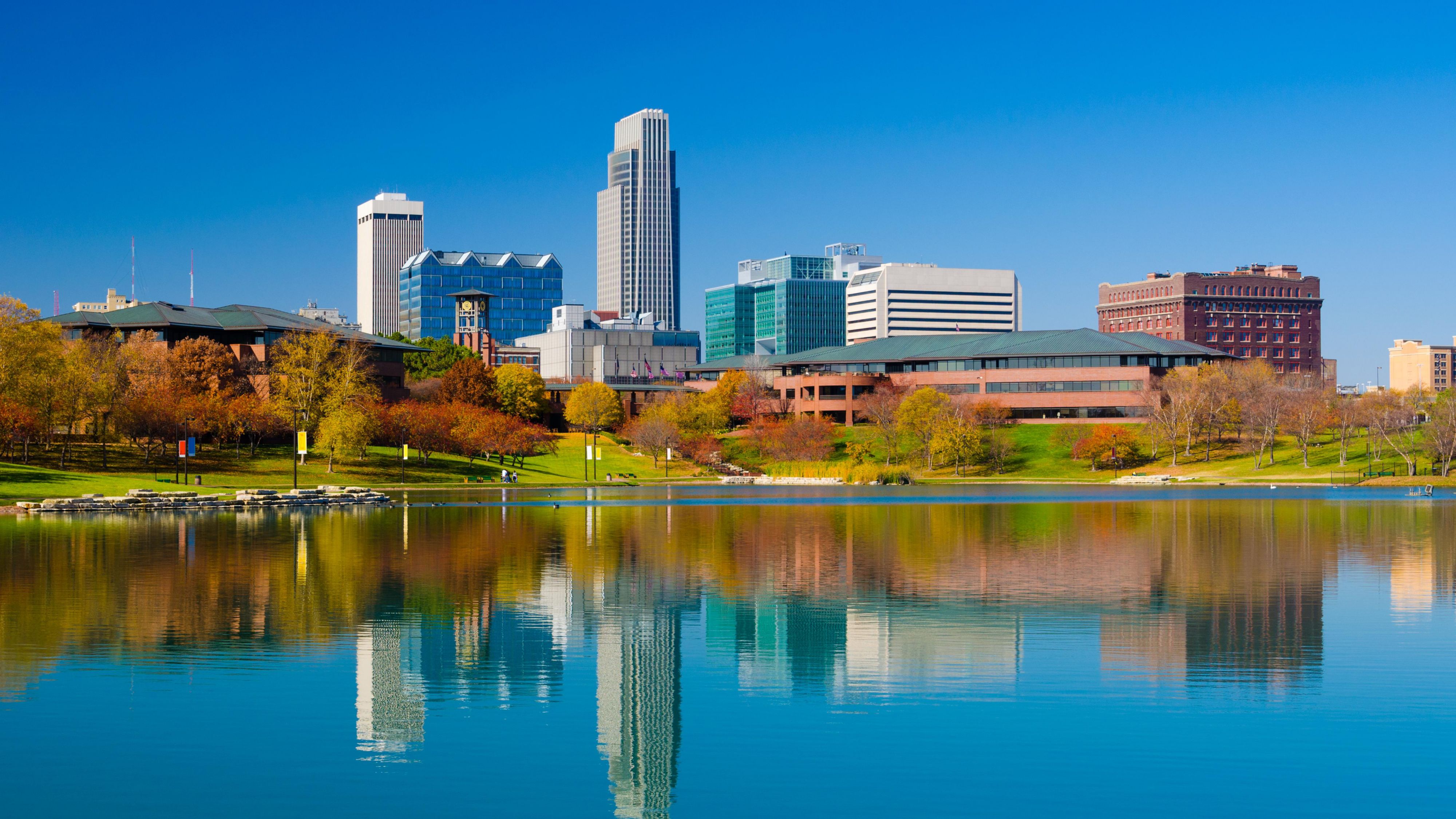 Lake with the city of Omaha behind it