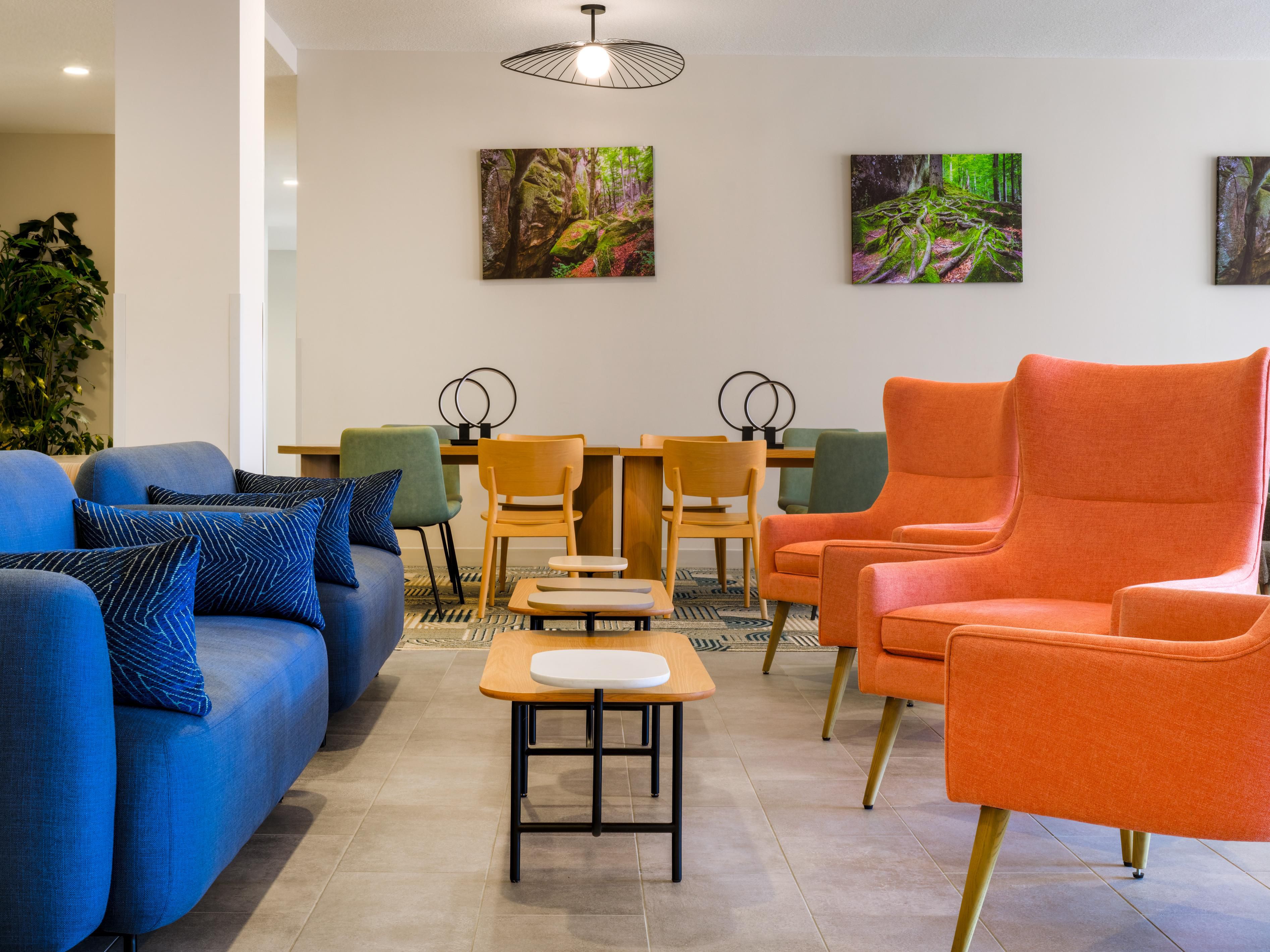 Settle in and relax in our stylish lobby space.