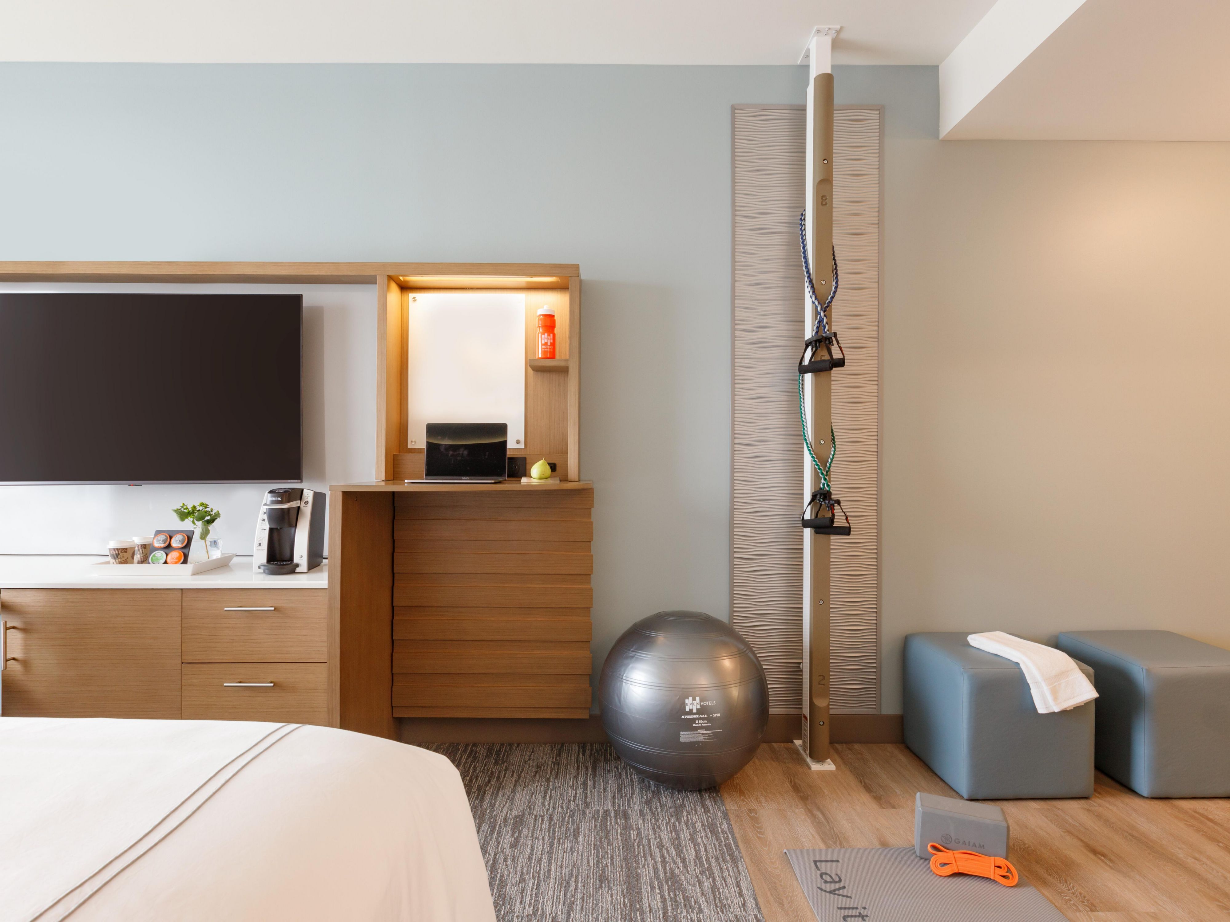 With in-room fitness equipment, our pet-friendly hotel makes it easy for you to maintain a healthy lifestyle while traveling. Stay productive with flexible workspaces and complimentary high-speed Wi-Fi. Relax in the spa-inspired shower before climbing into comfortable beds outfitted with natural linens for a restful night's sleep.​