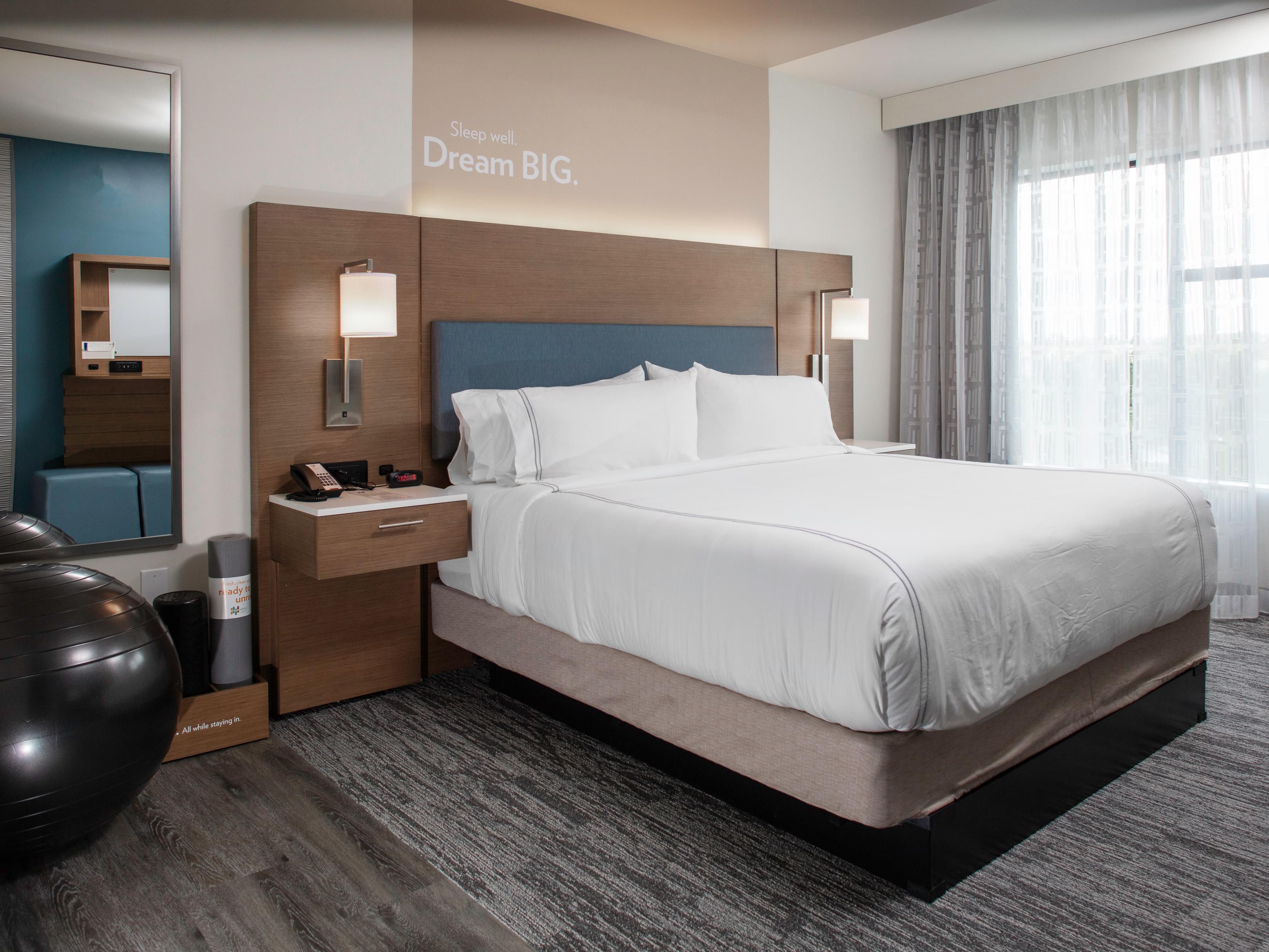 Each room of the hotel is designed with health and fitness in mind.  All rooms feature in-room exercise equipment, as well as on-demand training videos, and LED mood lighting to enhance rest and productivity. Free high-speed Wi-Fi will keep you connected so you can get the most out of both work and play.
