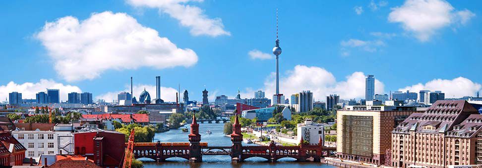 view of Berlin skyline with river Spree in the foreground 