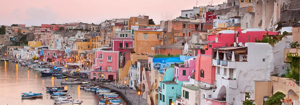 View of Procida Island Italy near Naples. The buildings are various pastel colors