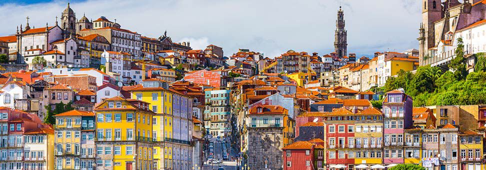 View condensed and colorful homes and buildings in Porto Portuga