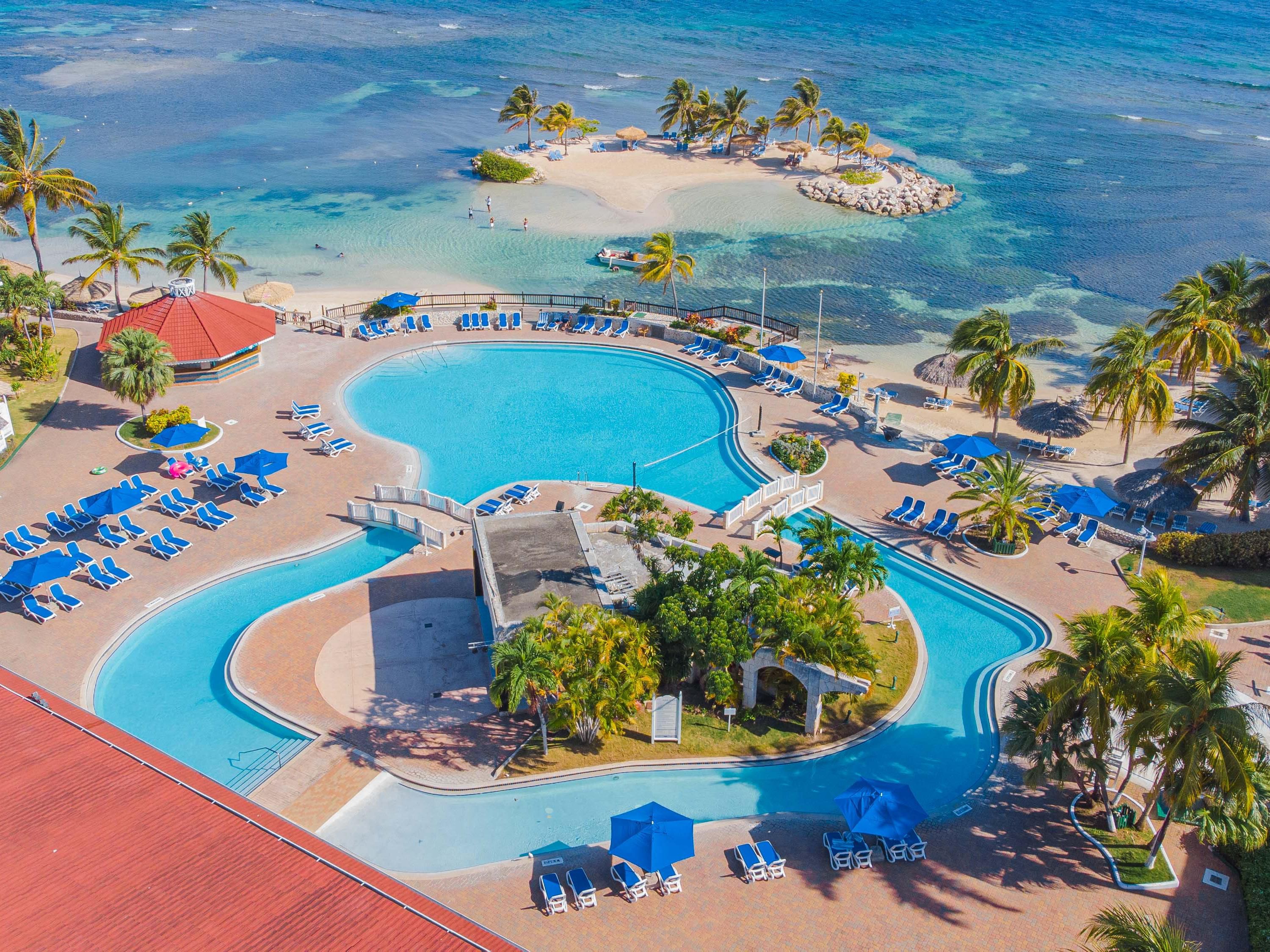 Aerial view of resort pool and beach in Montego Bay