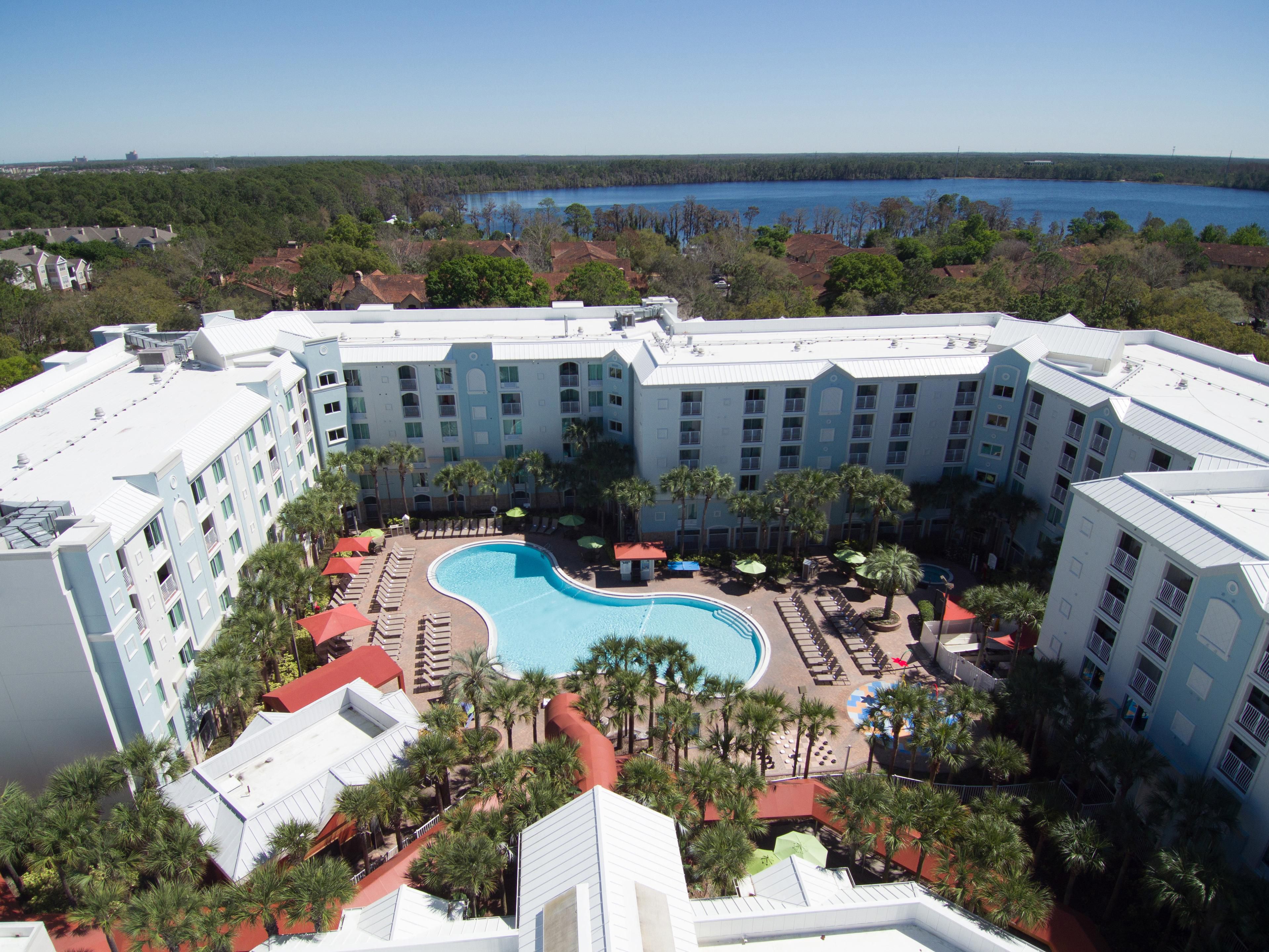 Aerial view of hotel and pool