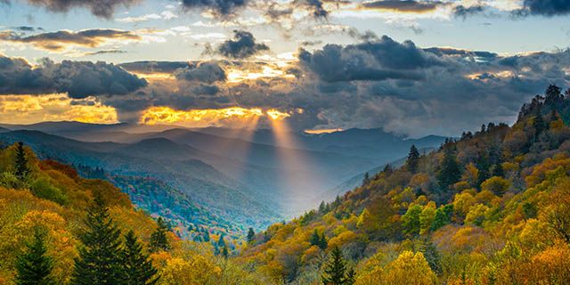 The Smokey Mountains with sunrays breaking through the clouds