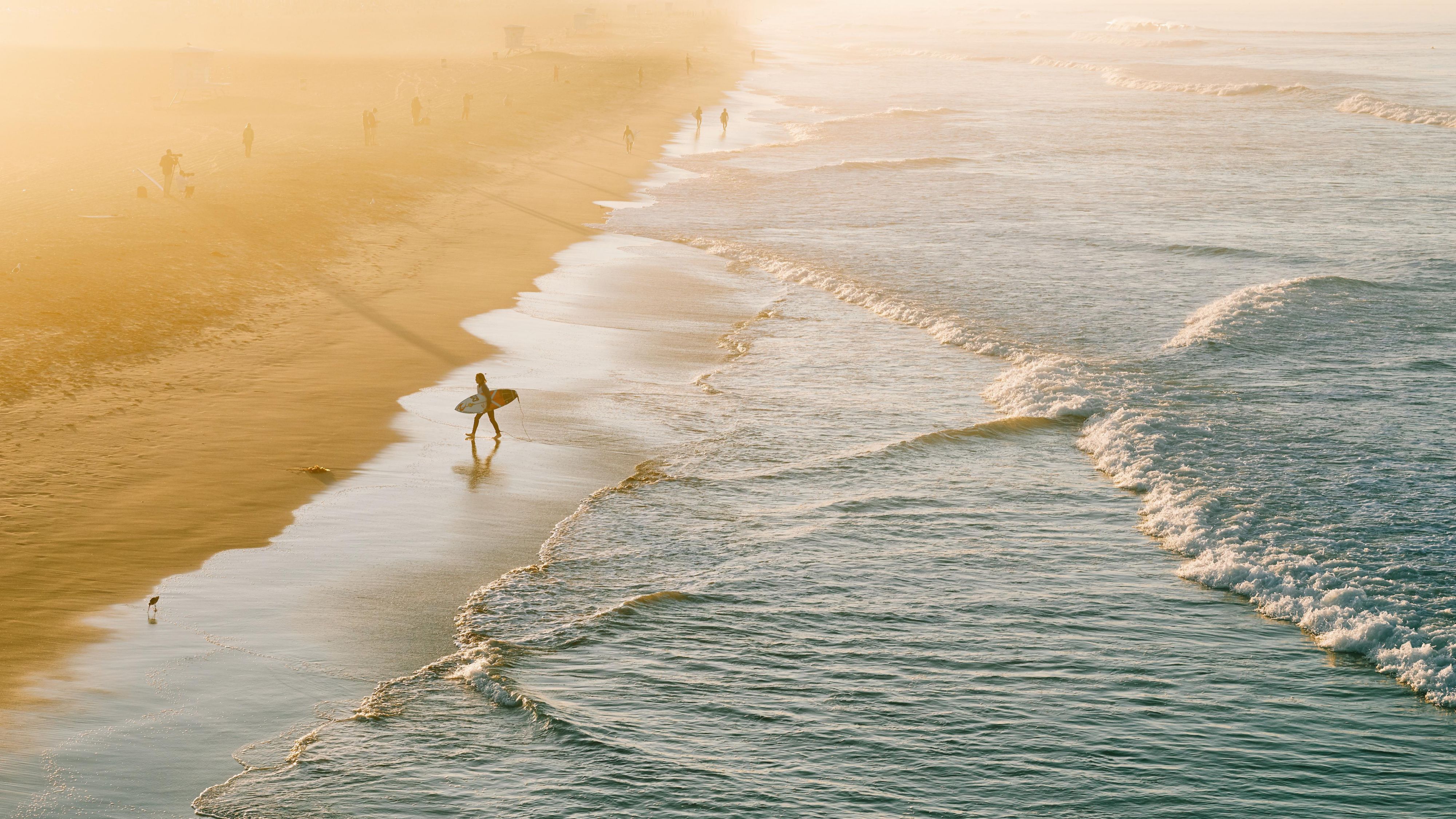 Surfer with surf board on the beach at dusk