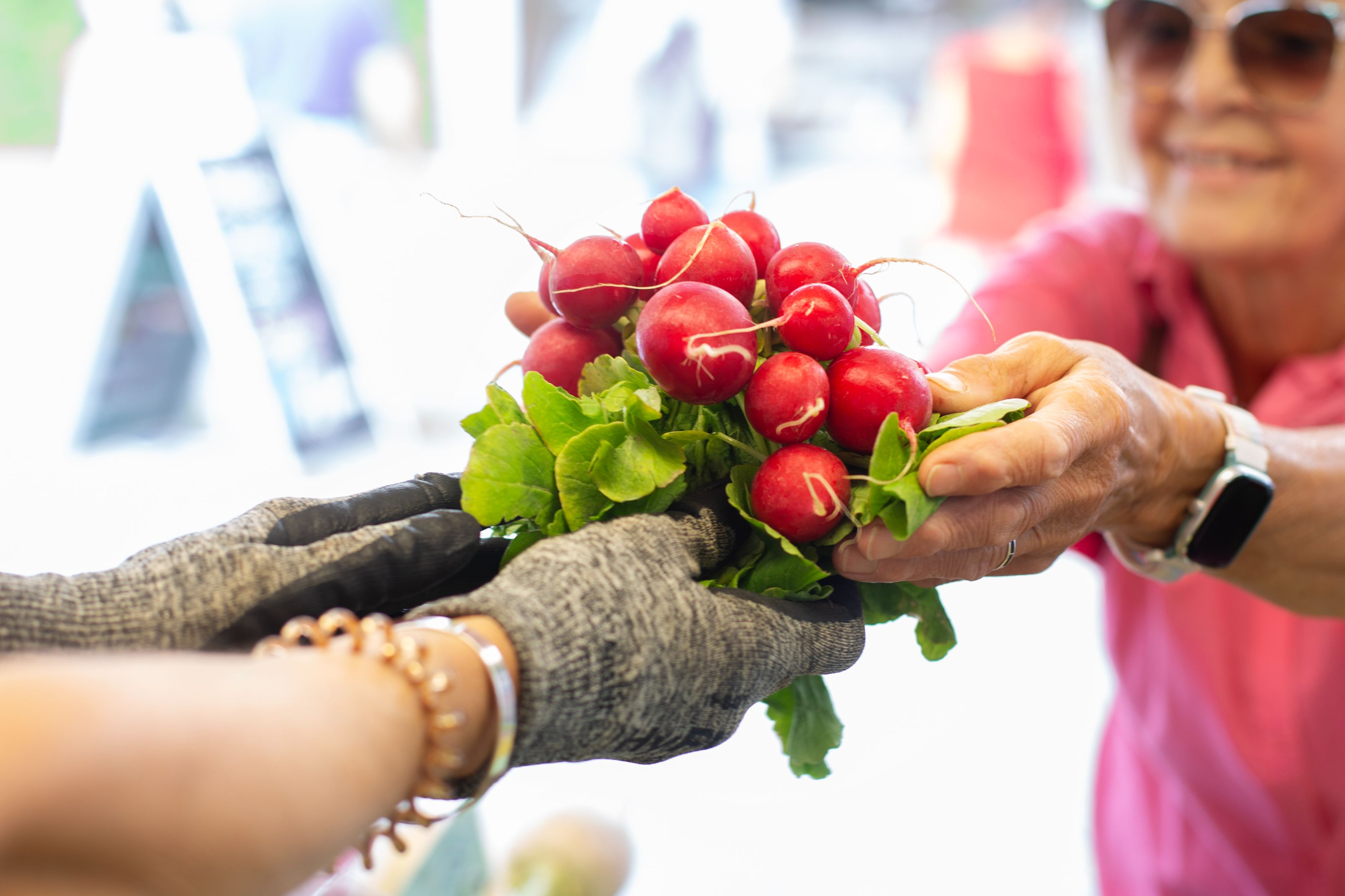 Woman getting radishes at farmers market.