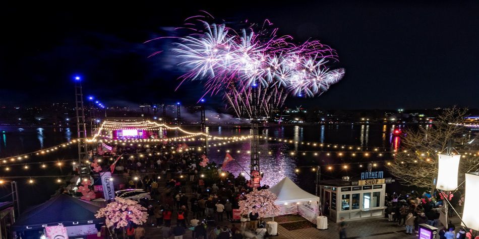 Crowd gathered along a waterfront watching bright pink and white fireworks over the water at a nighttime festival.