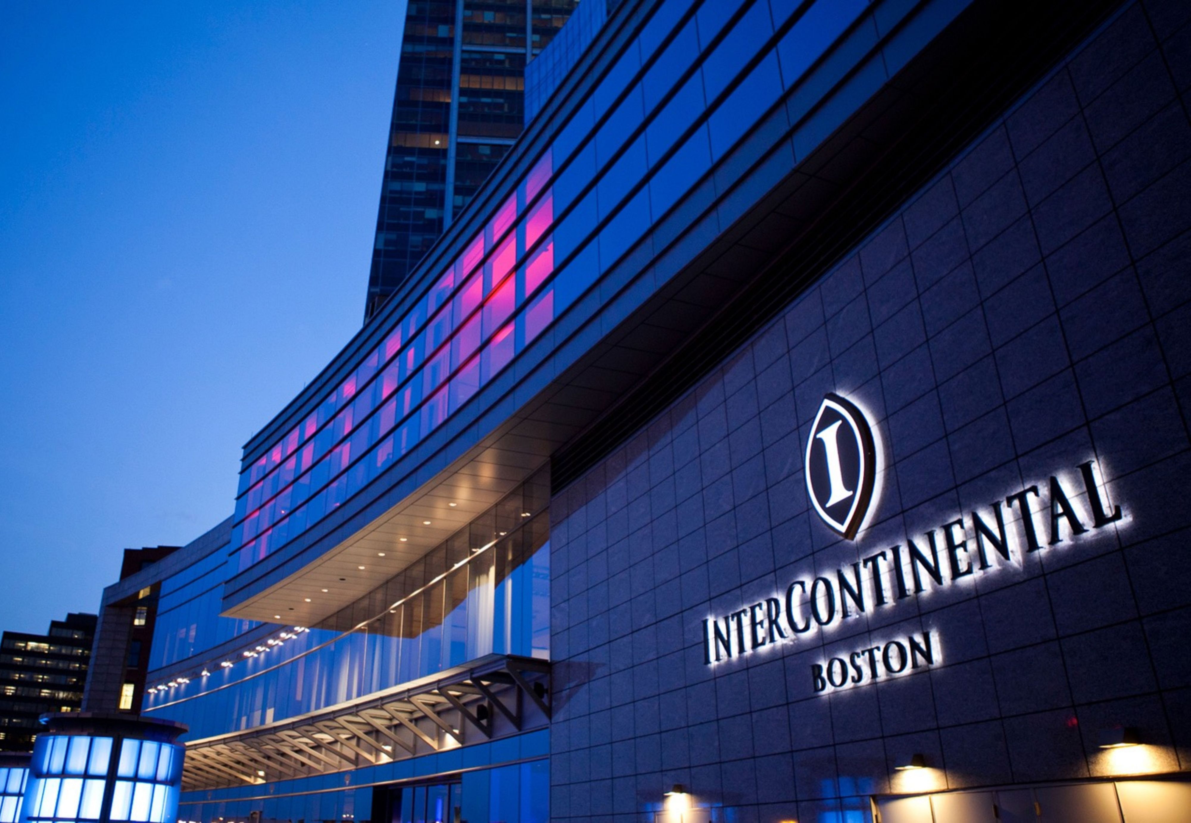 nightime view of InterContinental Boston exterior sign