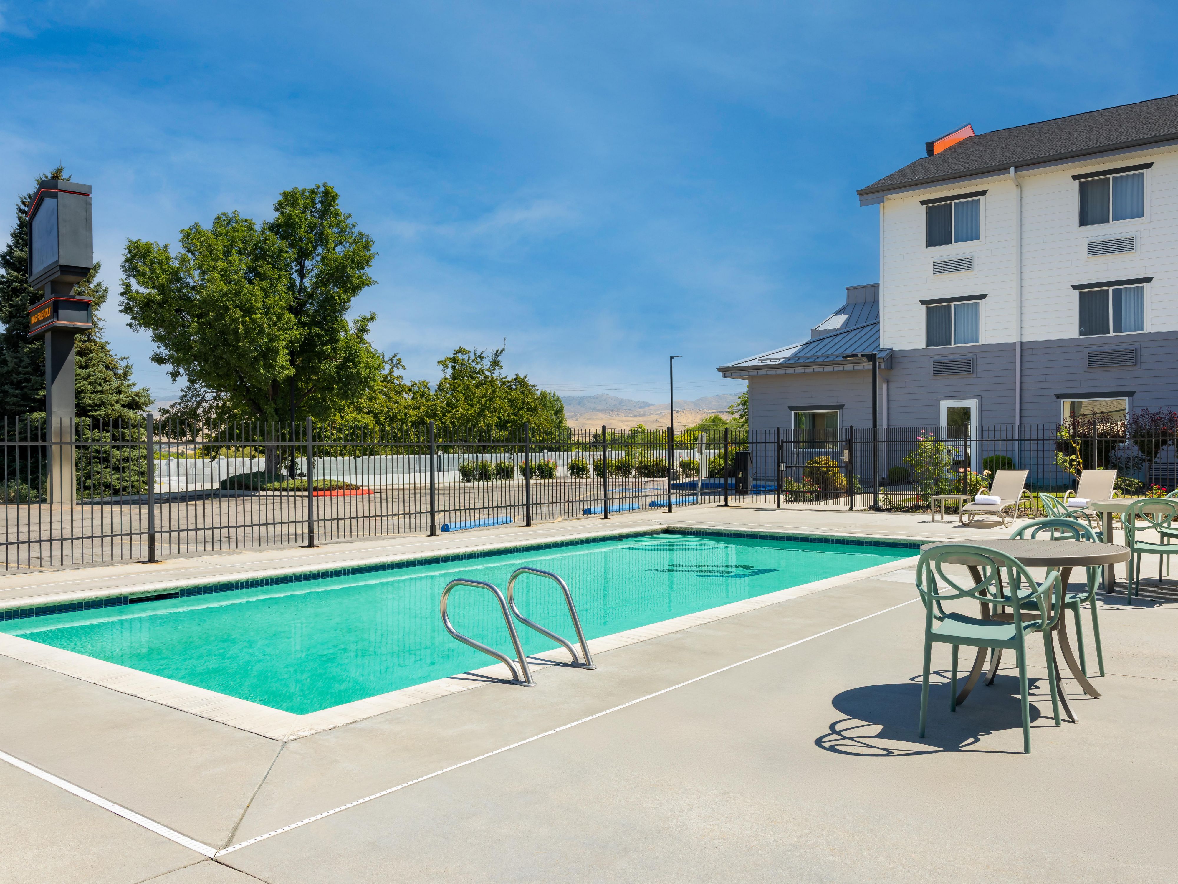 Take a dip! Our outdoor swimming pool is open for your enjoyment.