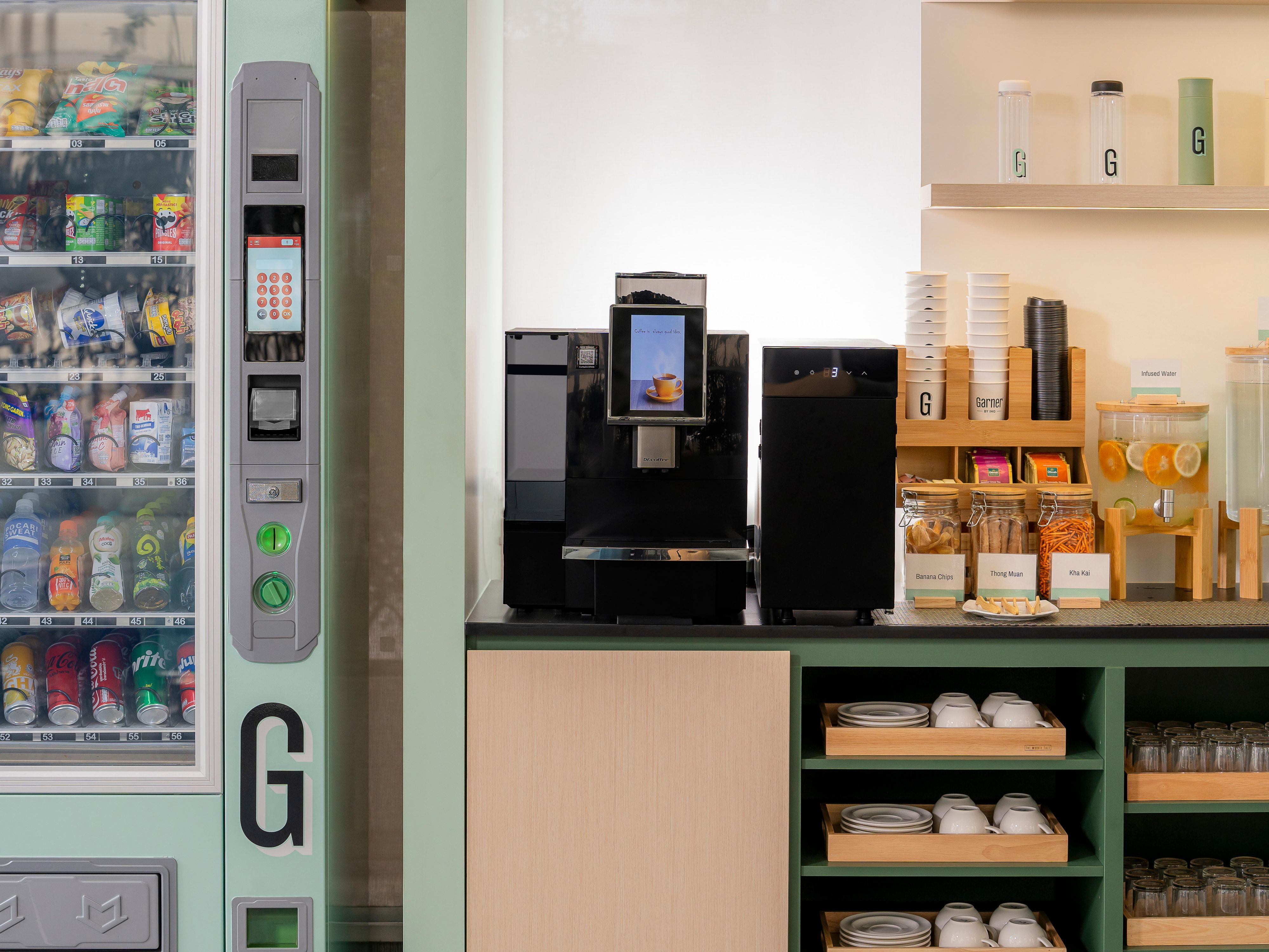 Our Garner Shop is a 24/7 marketplace with snacks and drinks whenever you need. Grab a quick bite or a late-night treat, then relax in the lobby with complimentary bean-to-cup coffee and a locally inspired welcome refreshment, making your stay easy, enjoyable, and full of friendly vibes from arrival.