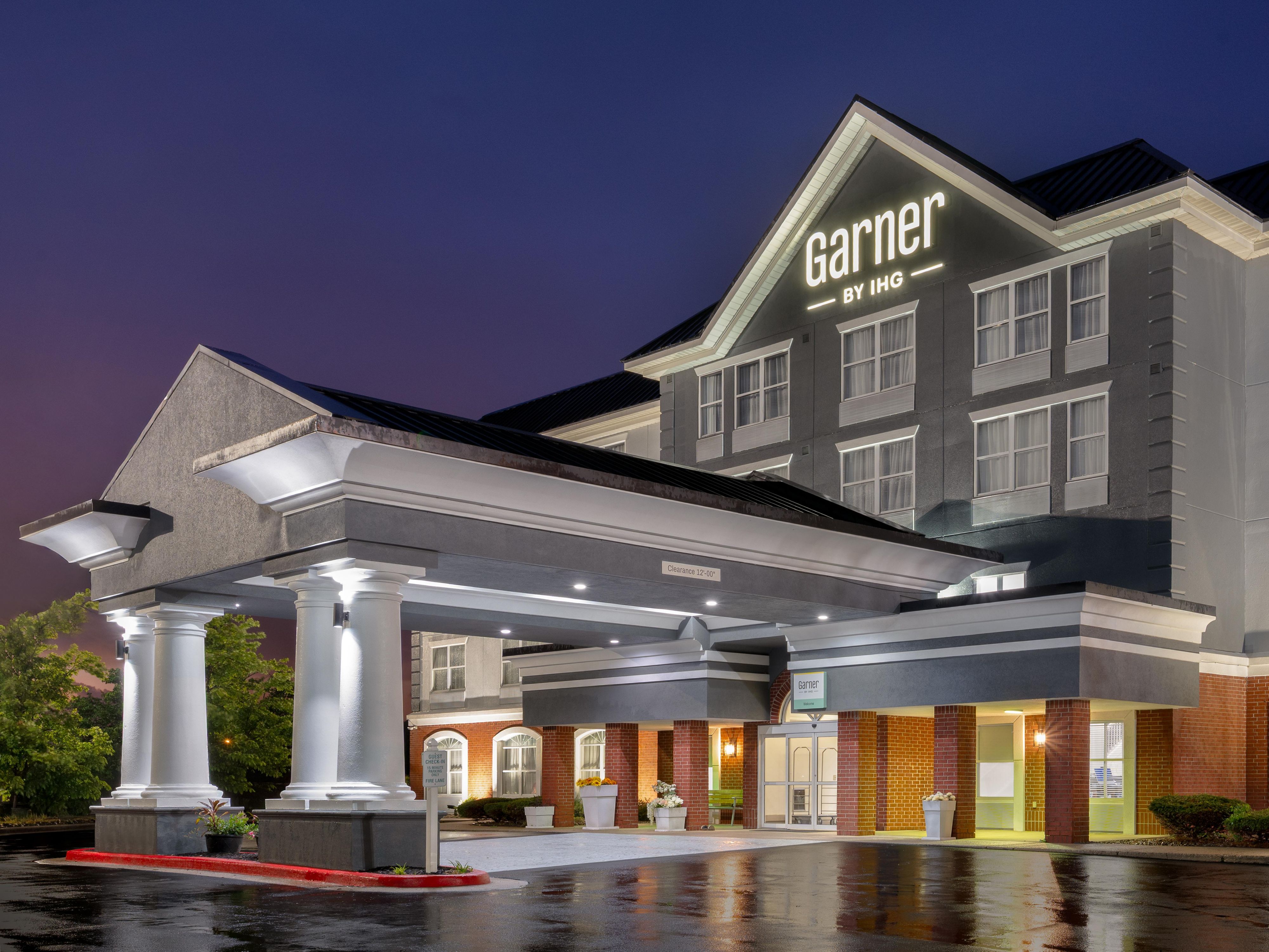 Exterior view of hotel at dusk