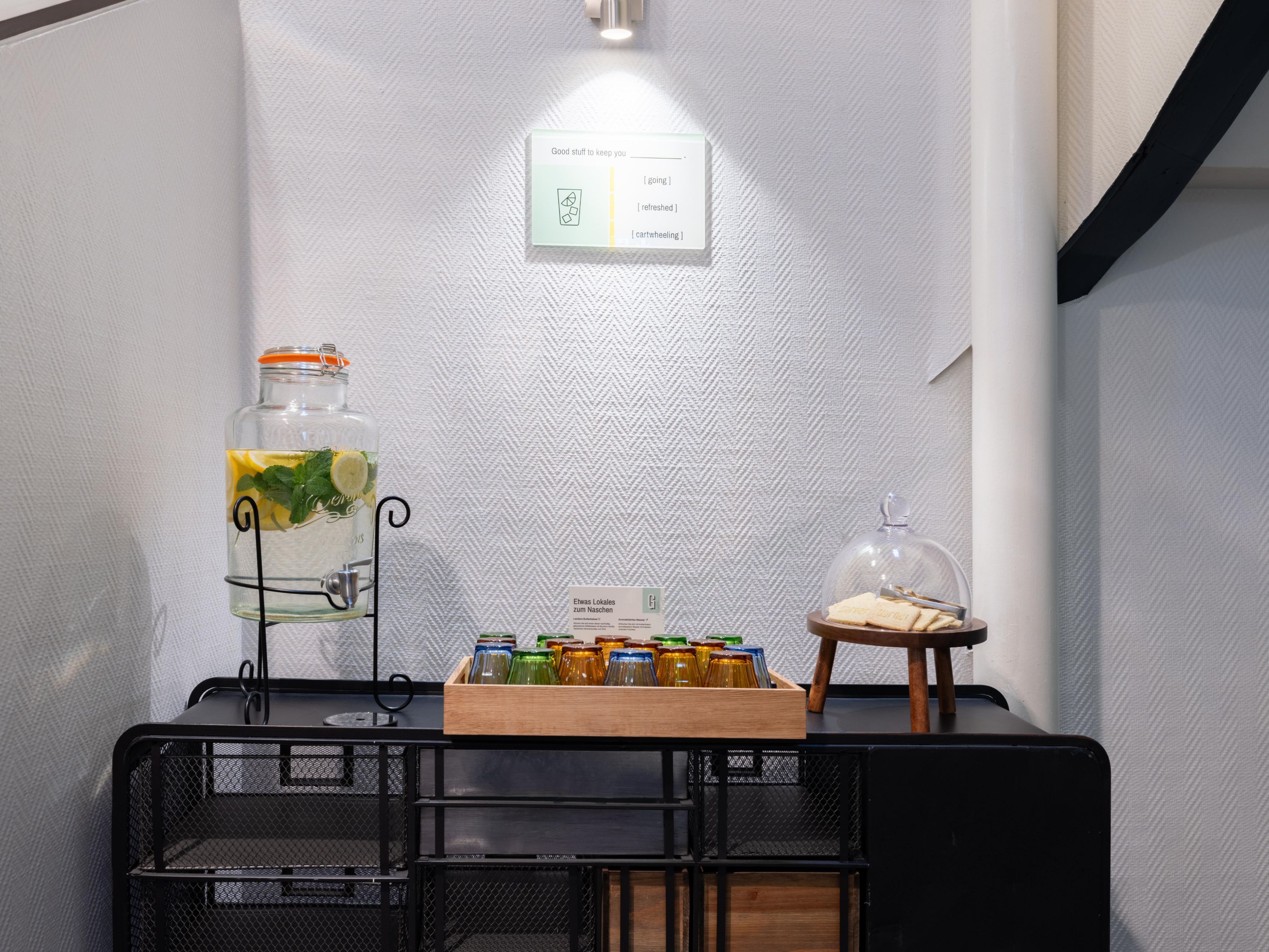 Refresh with infused water and cookies on the house