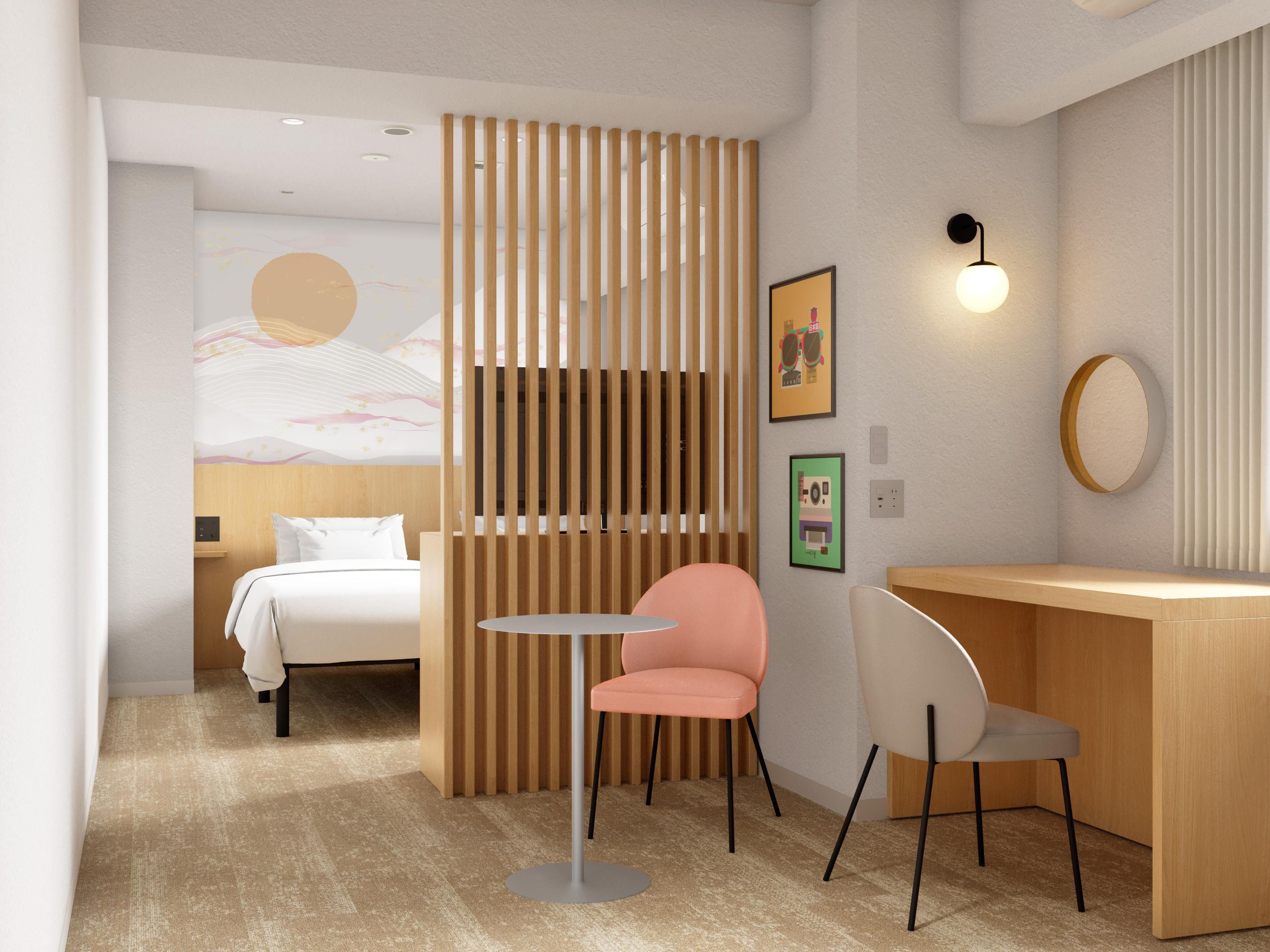 シングルタイプ（約11㎡）95室、ツインタイプ（約23㎡）8室をご用意。ビジネスはもちろんカップルやご友人とのご利用にも最適です。快適なダブルサイズベッドとバスタブを完備し、上質なくつろぎをお届けします。館内にはコインランドリーもあり、中長期の滞在にも快適です。心躍るデザイン空間で心地よい時間をお過ごしください。