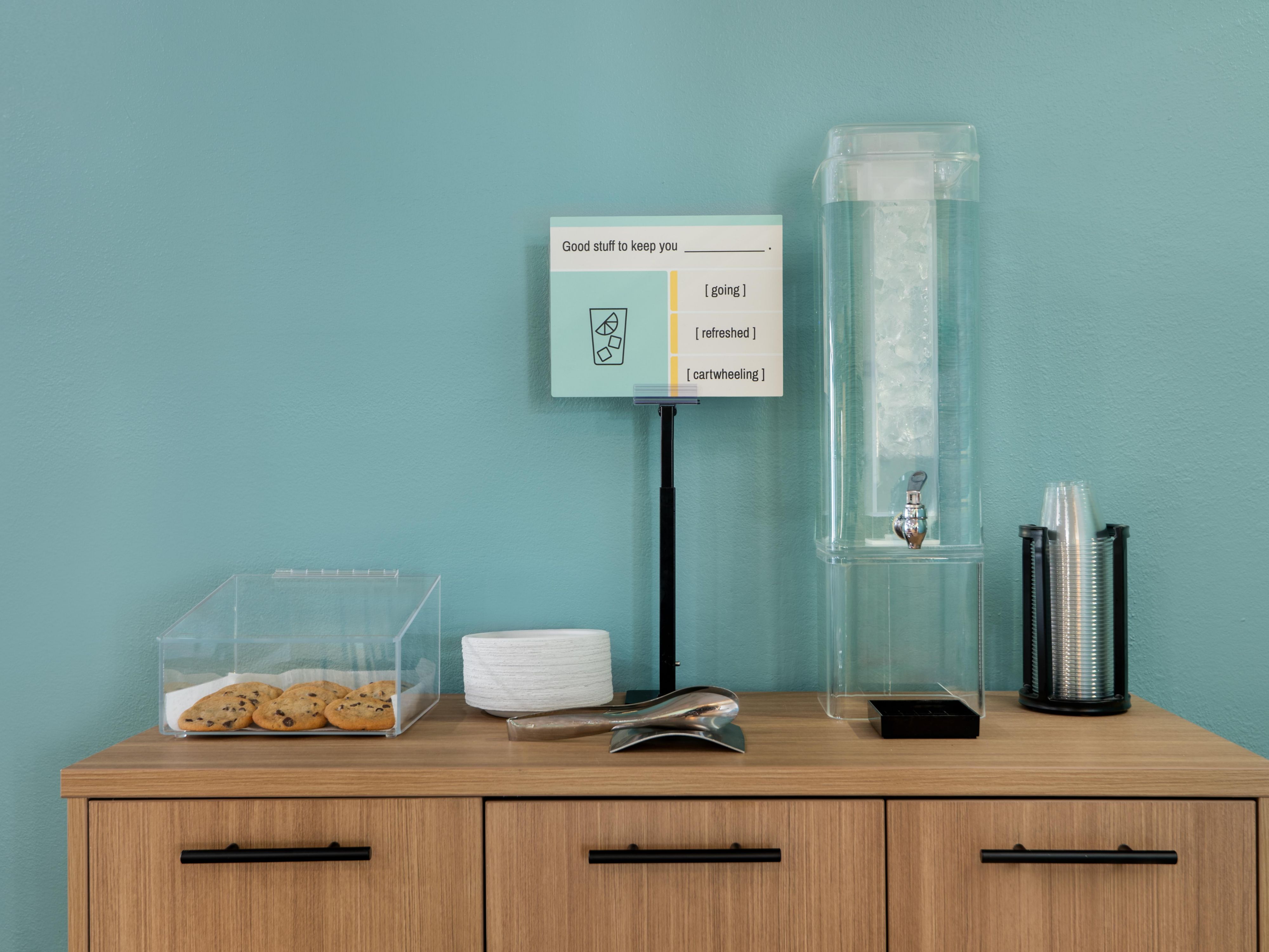 Enjoy complimentary flavor-infused water and cookies. 