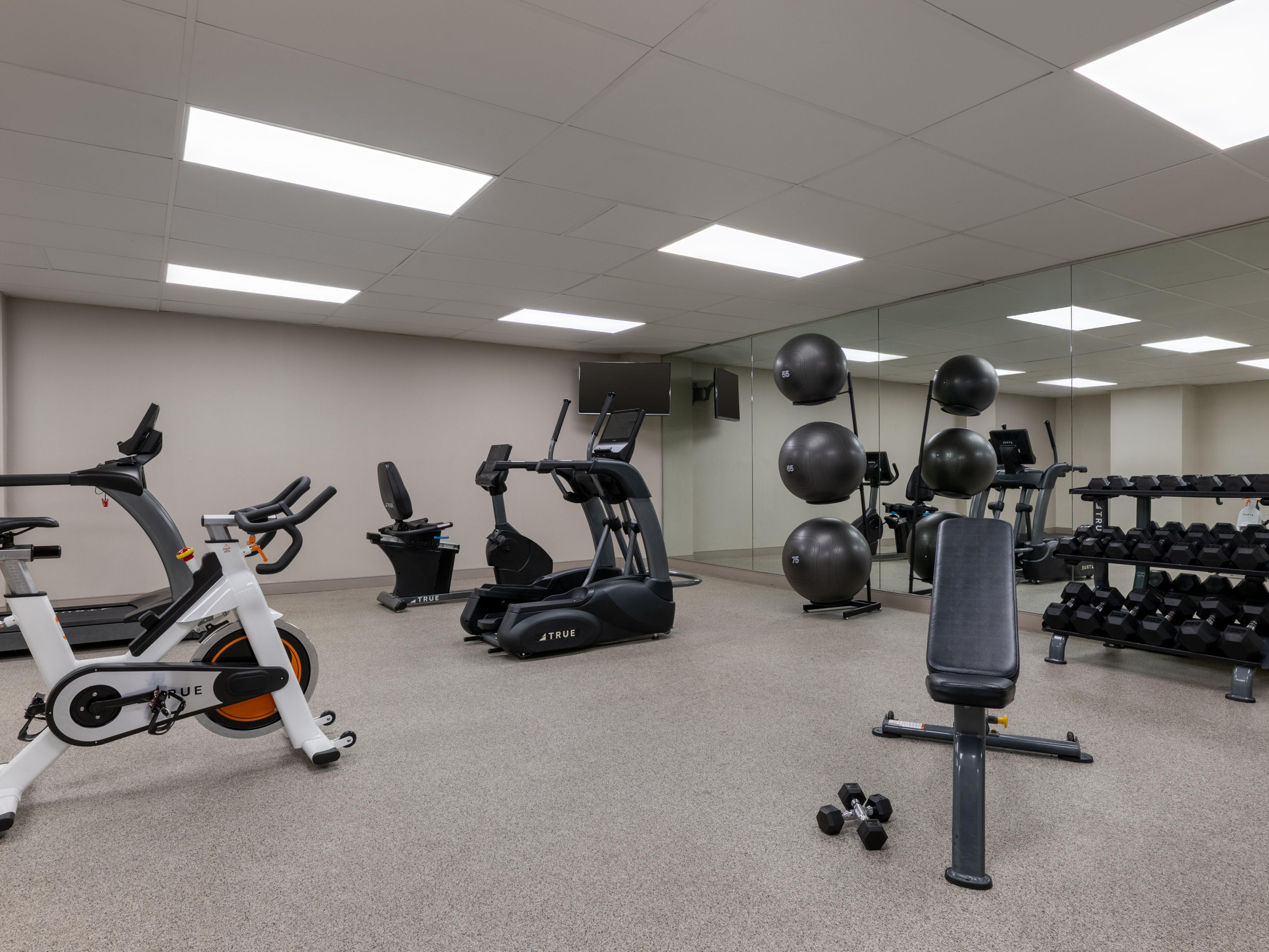 Guest fitness room with weights and machines.