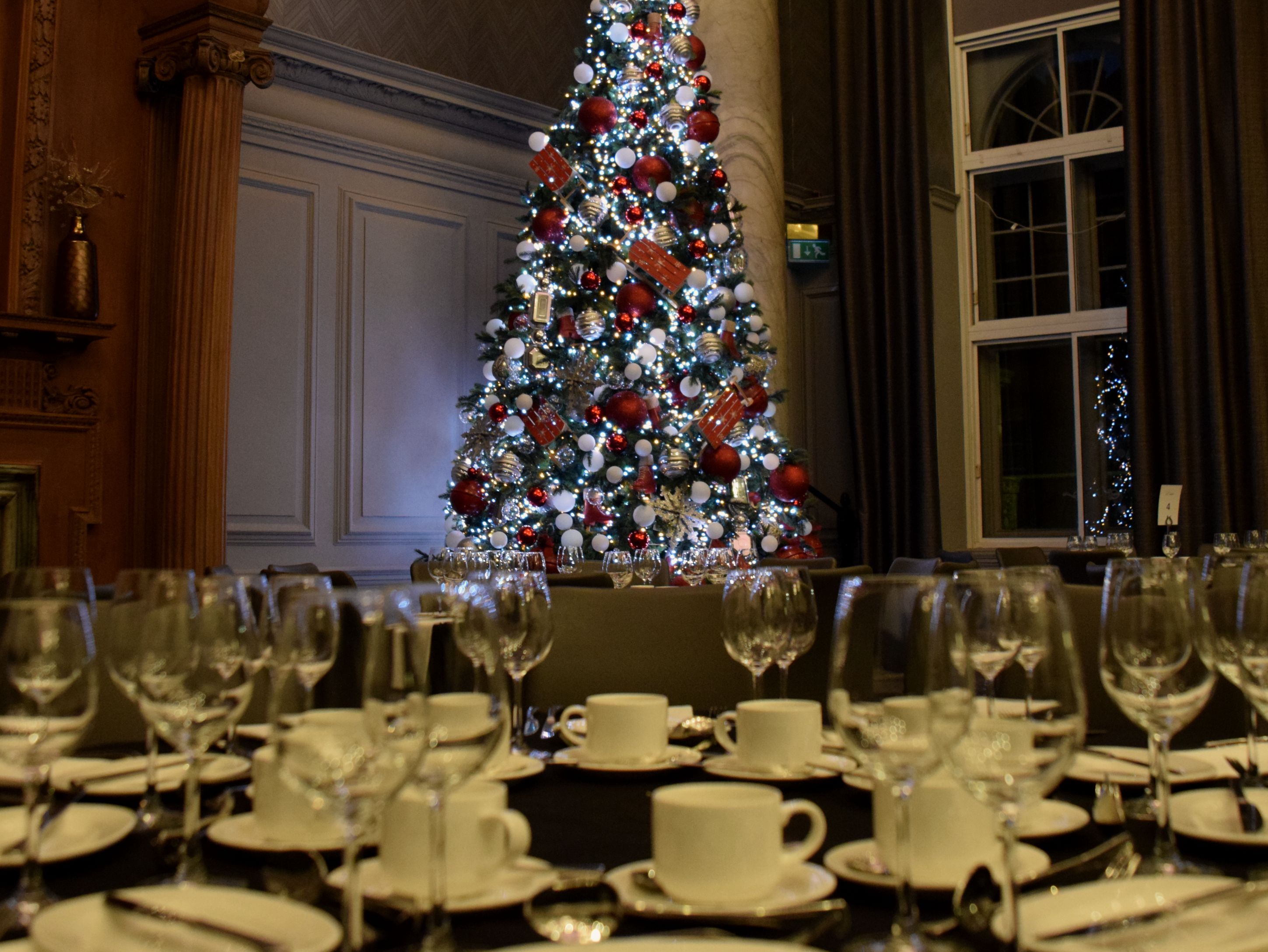 banquet set up with Christmas decor