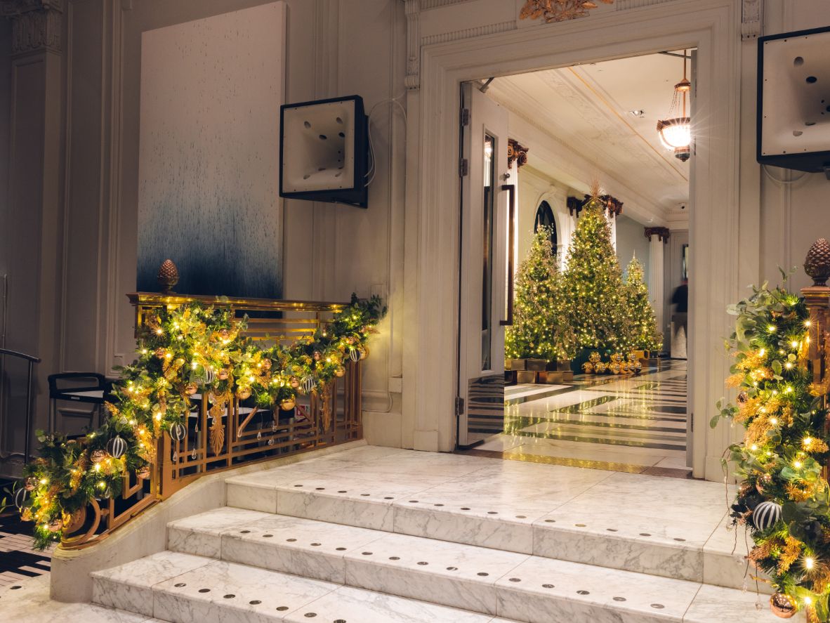 Lobby decorated for Christmas