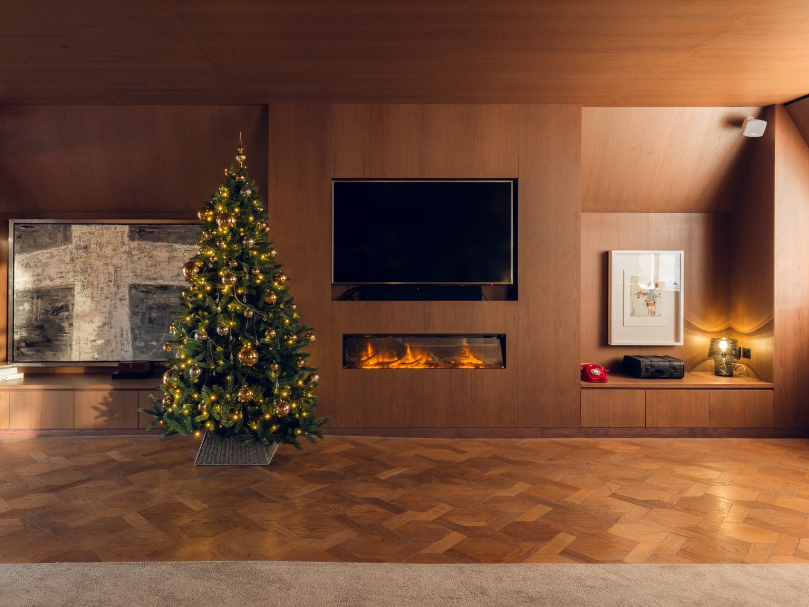 Hotel lobby decorated for Christmas