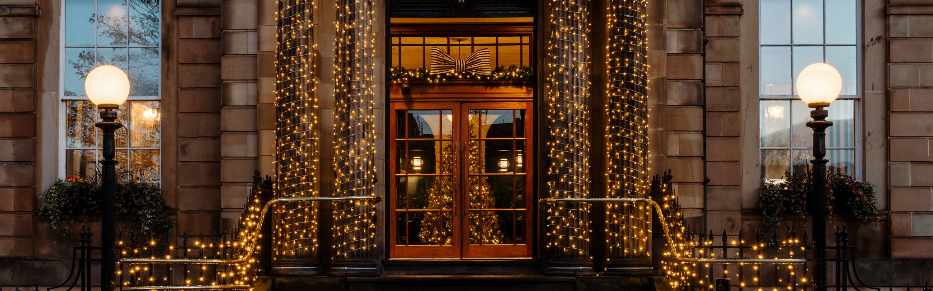 Hotel exterior decorated for Christmas