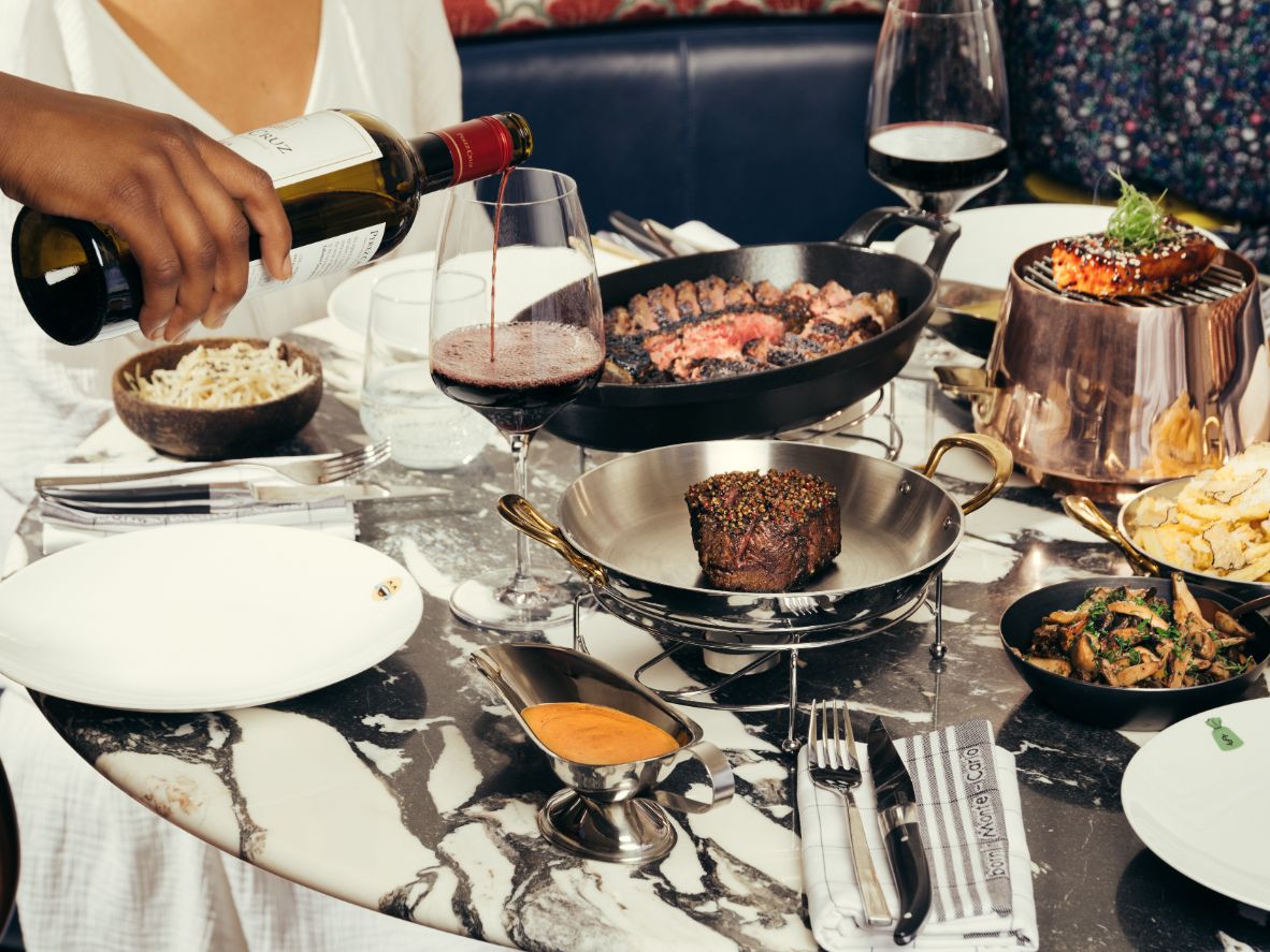 Steak dish with wine at Le Petit Beefbar