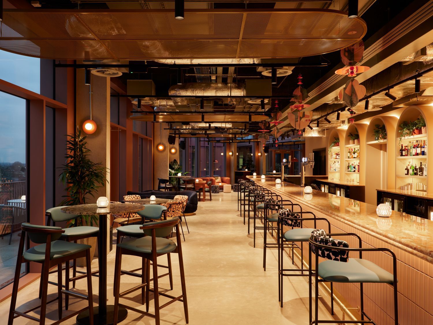 crimson spire dining area with low mood lighting