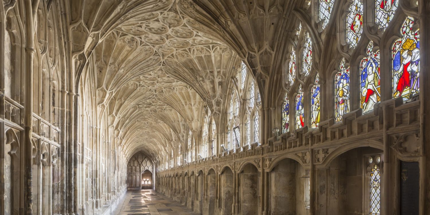 Gloucester cathedral showcasing beautiful architecture and stained glass windows