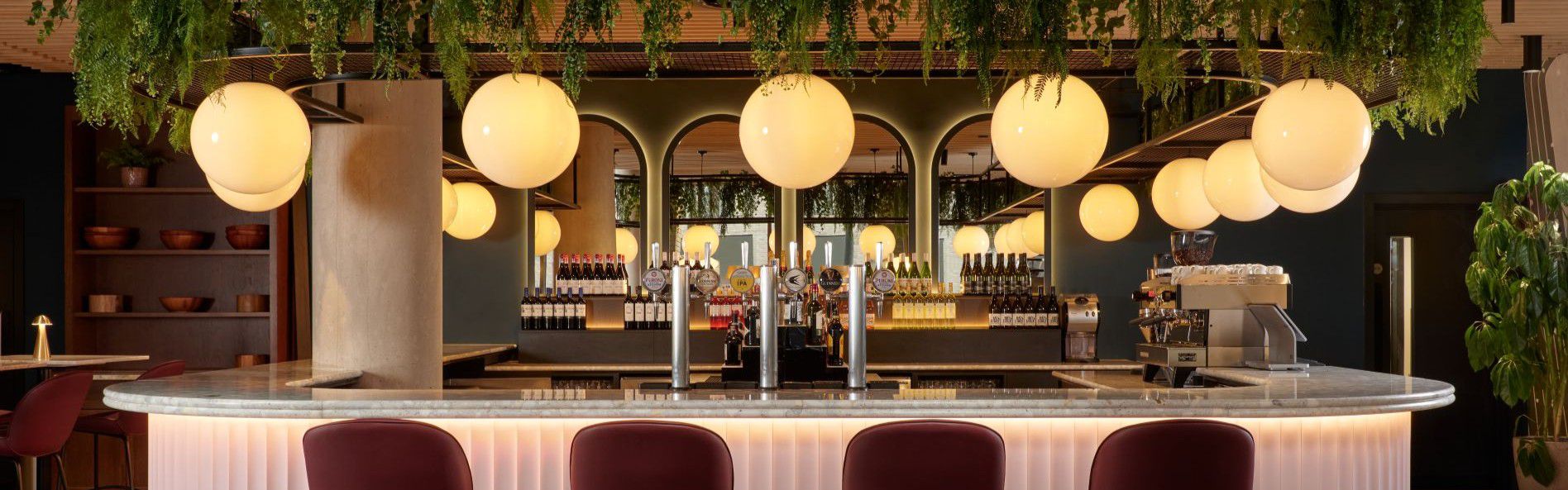 pink bar with circle overhead lights and green plants