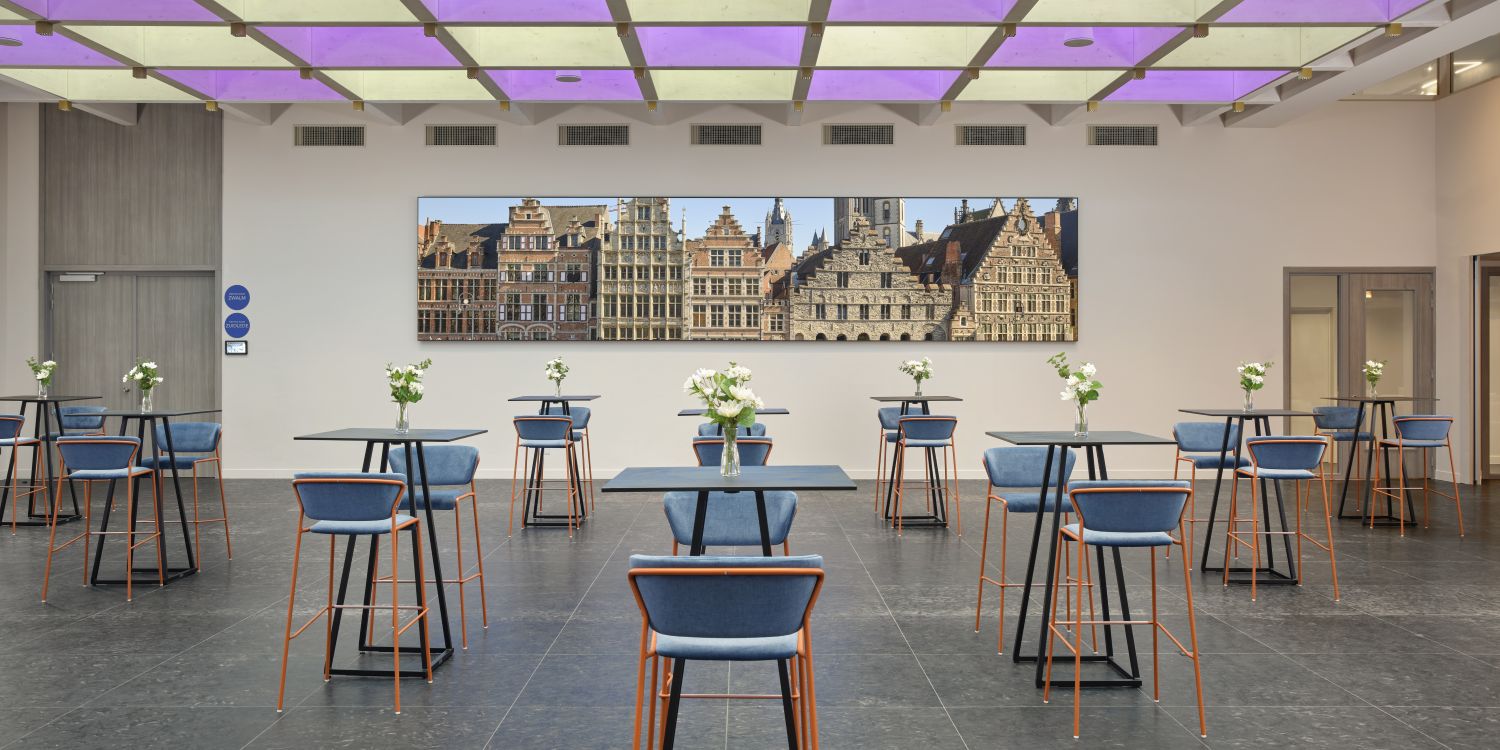 social area with purple ceiling