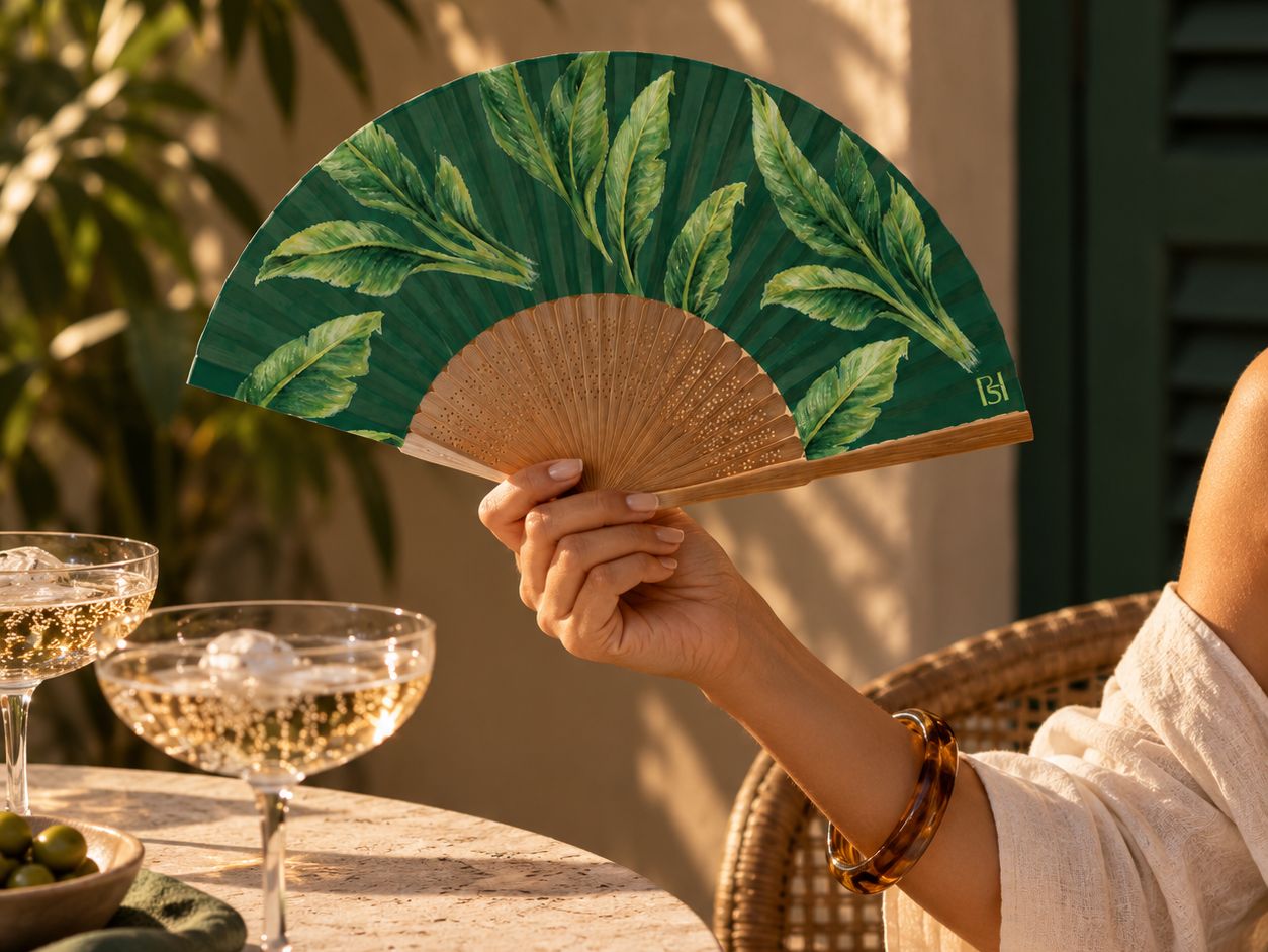 Green fan and drinks.