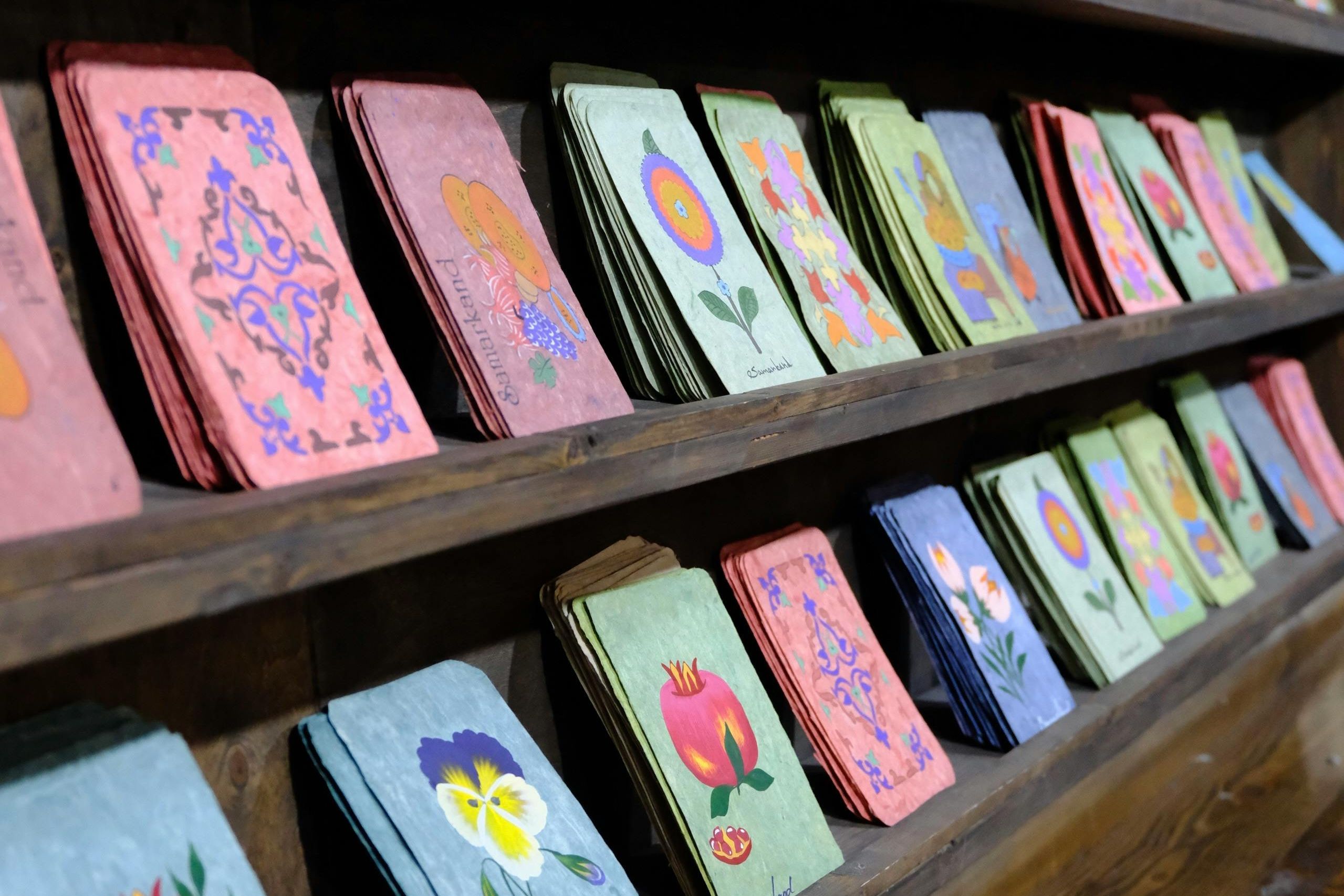 Handcrafted postcards on display.