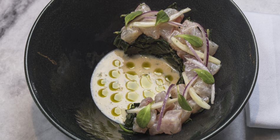 Egg ‘n’ lemon ceviche with fish of the day 