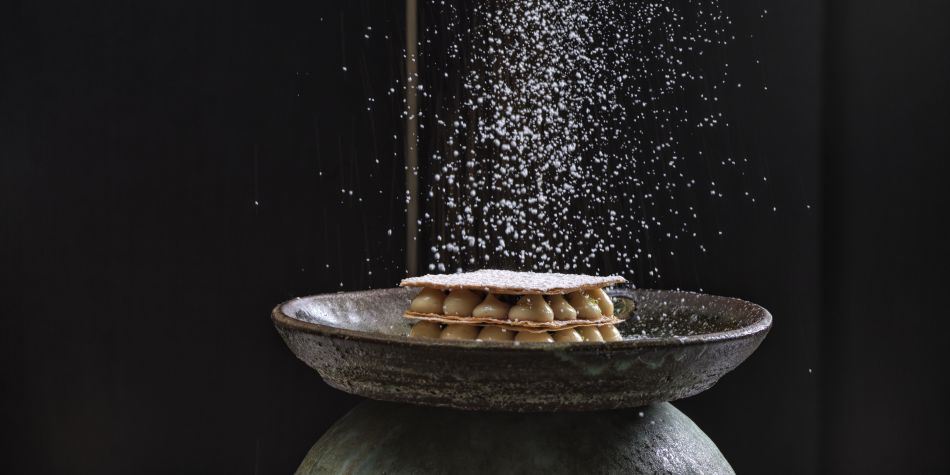 ‘Galaktoboureko’ semolina cream, crispy filo, berries,ginger syrup