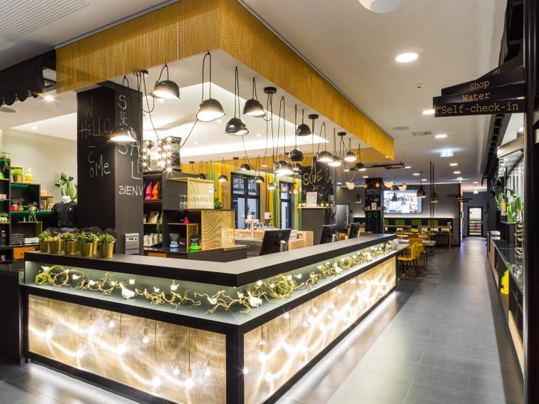 Corner photograph of a modern lobby bar