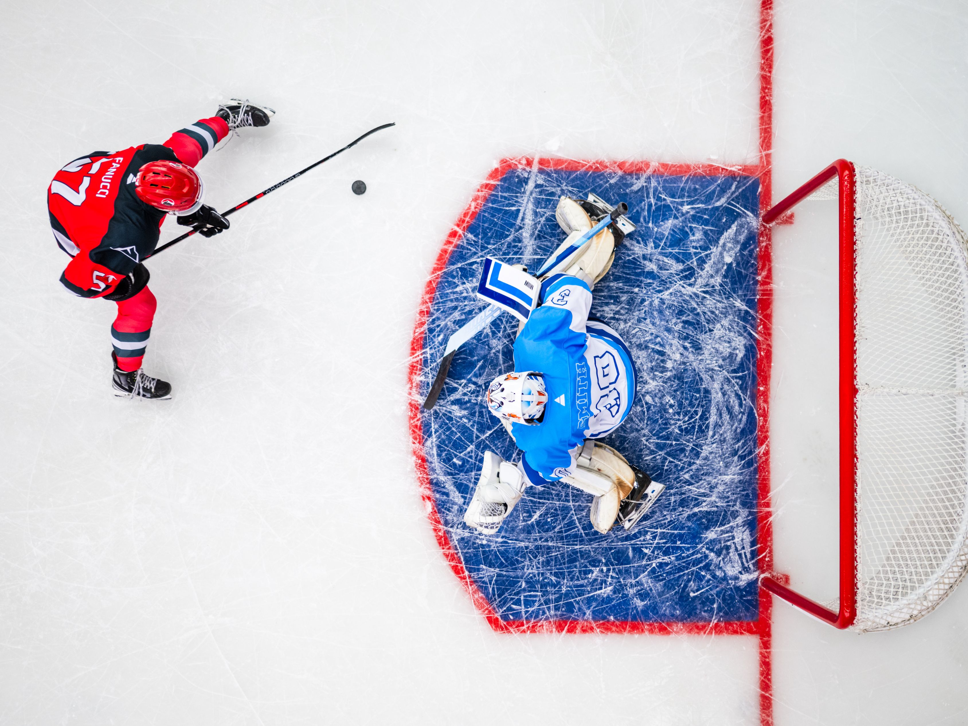 Hocky player about to take a shot on the goalie