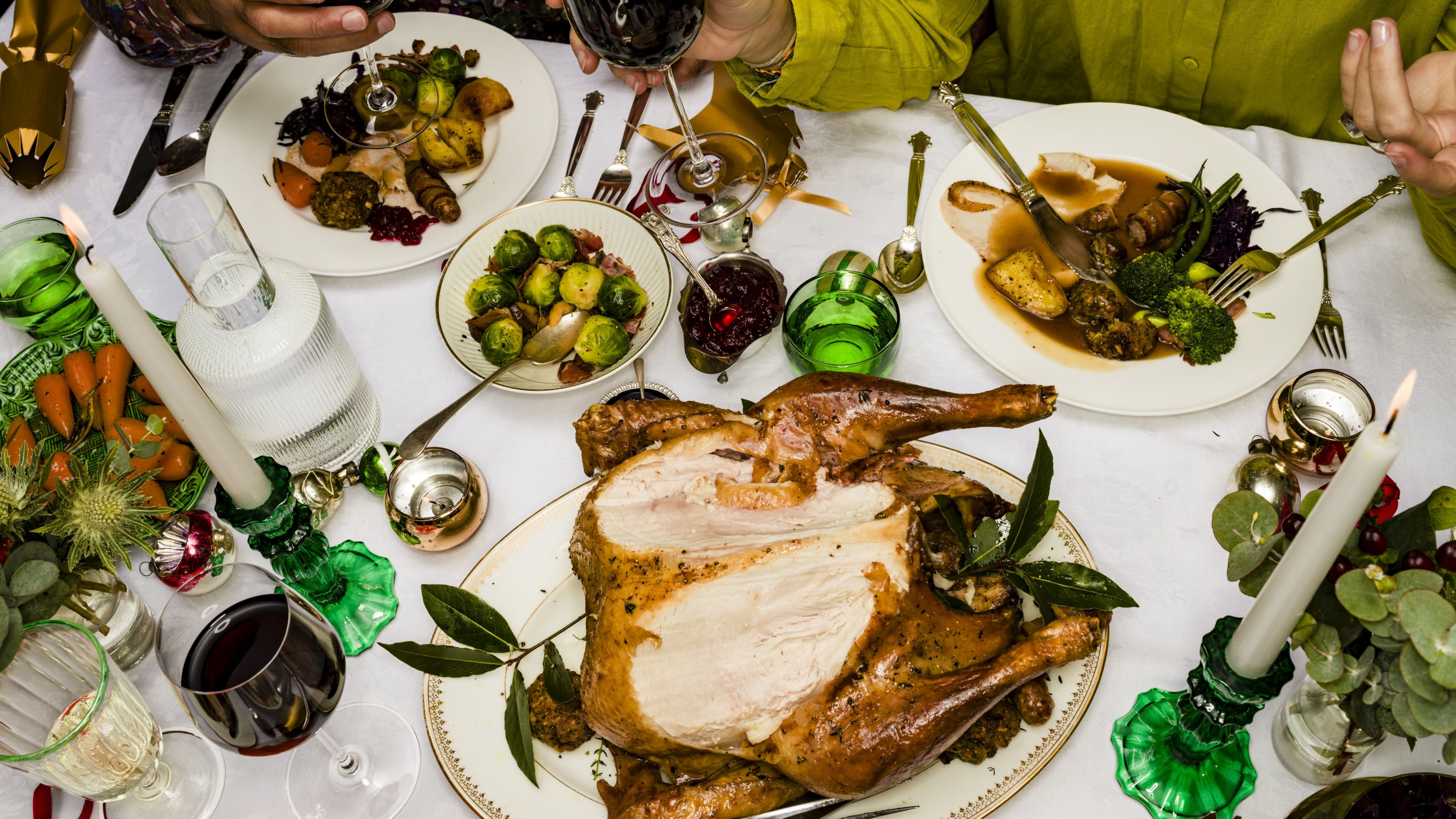 Holiday meal including turkey and brussels sprouts