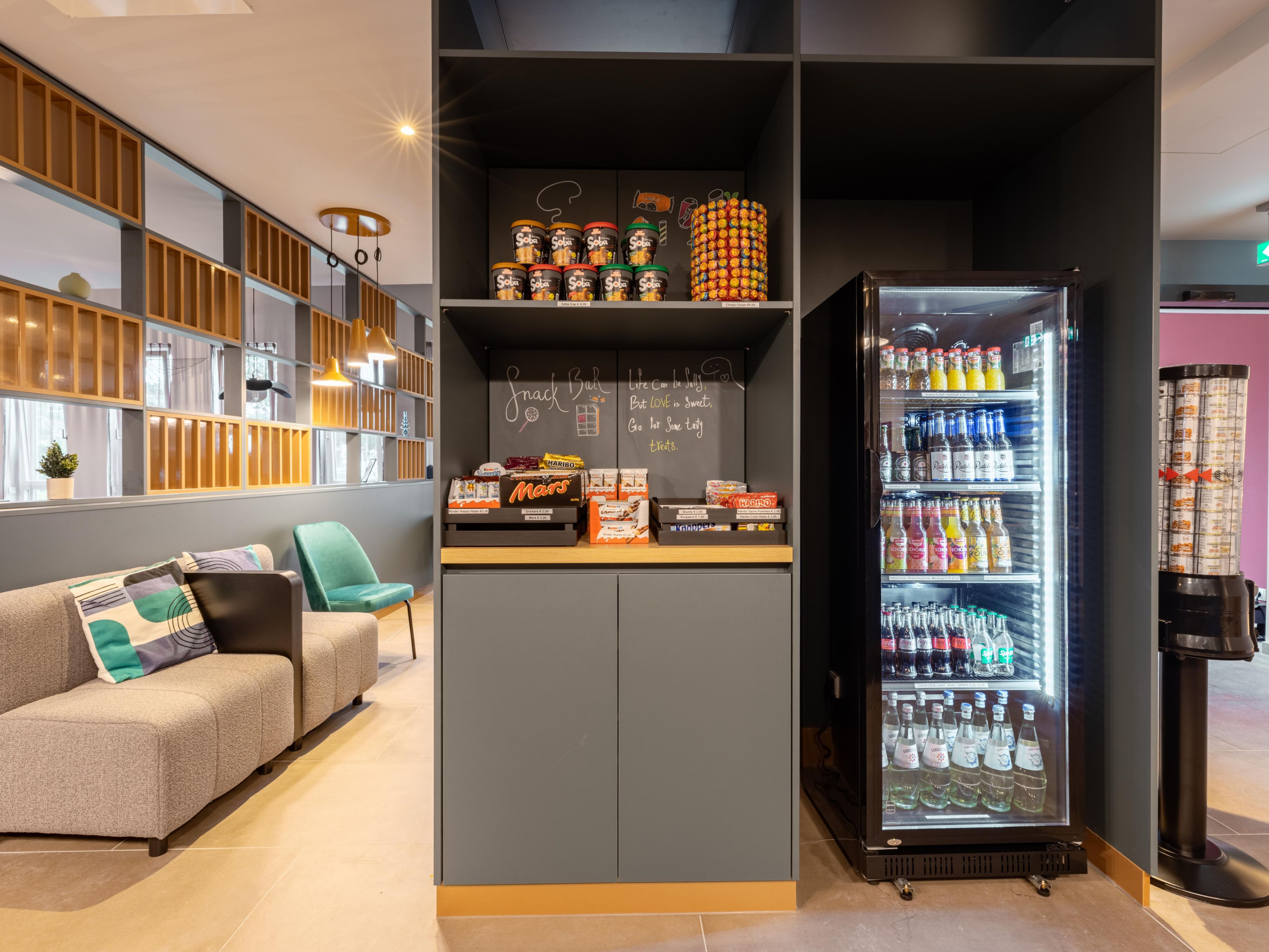 Feeling thirsty or need a quick bite? Our lobby fridge is stocked with a selection of refreshing drinks for purchase, and our 24-hour snack shop offers tasty treats to keep you going—perfect for late-night cravings, early departures, or a quick energy boost!