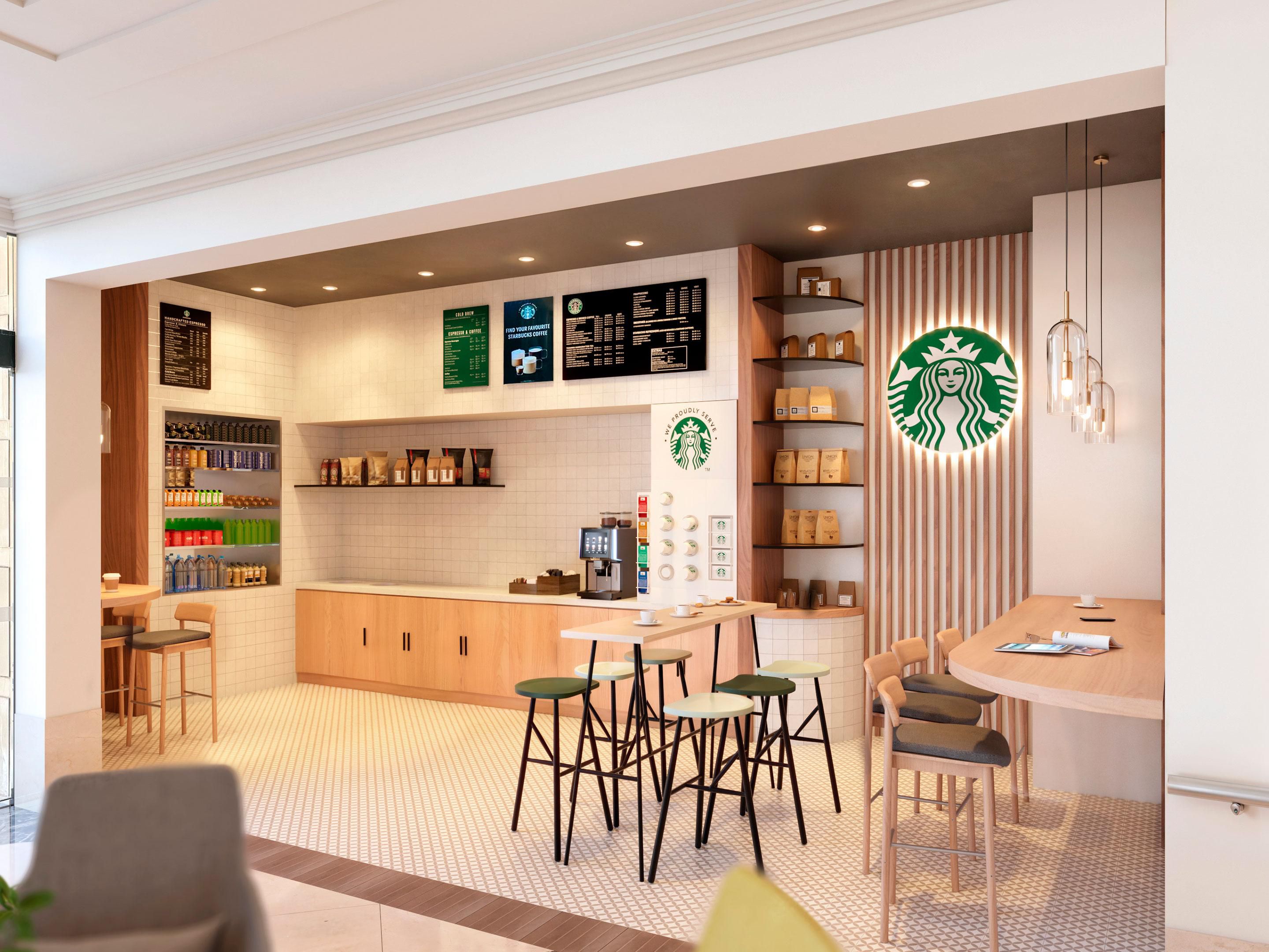 The hotel offers a convenient 24/7 Starbucks® Station To-Go with hot drinks and snacks available anytime.