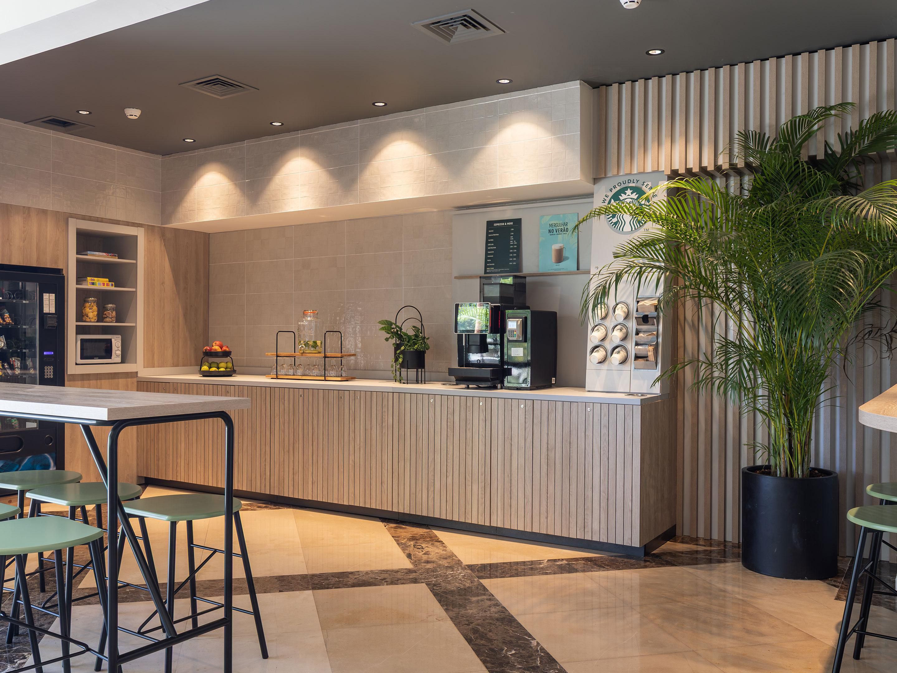 The hotel offers a convenient 24/7 Starbucks® Station To-Go with hot drinks and snacks available anytime.