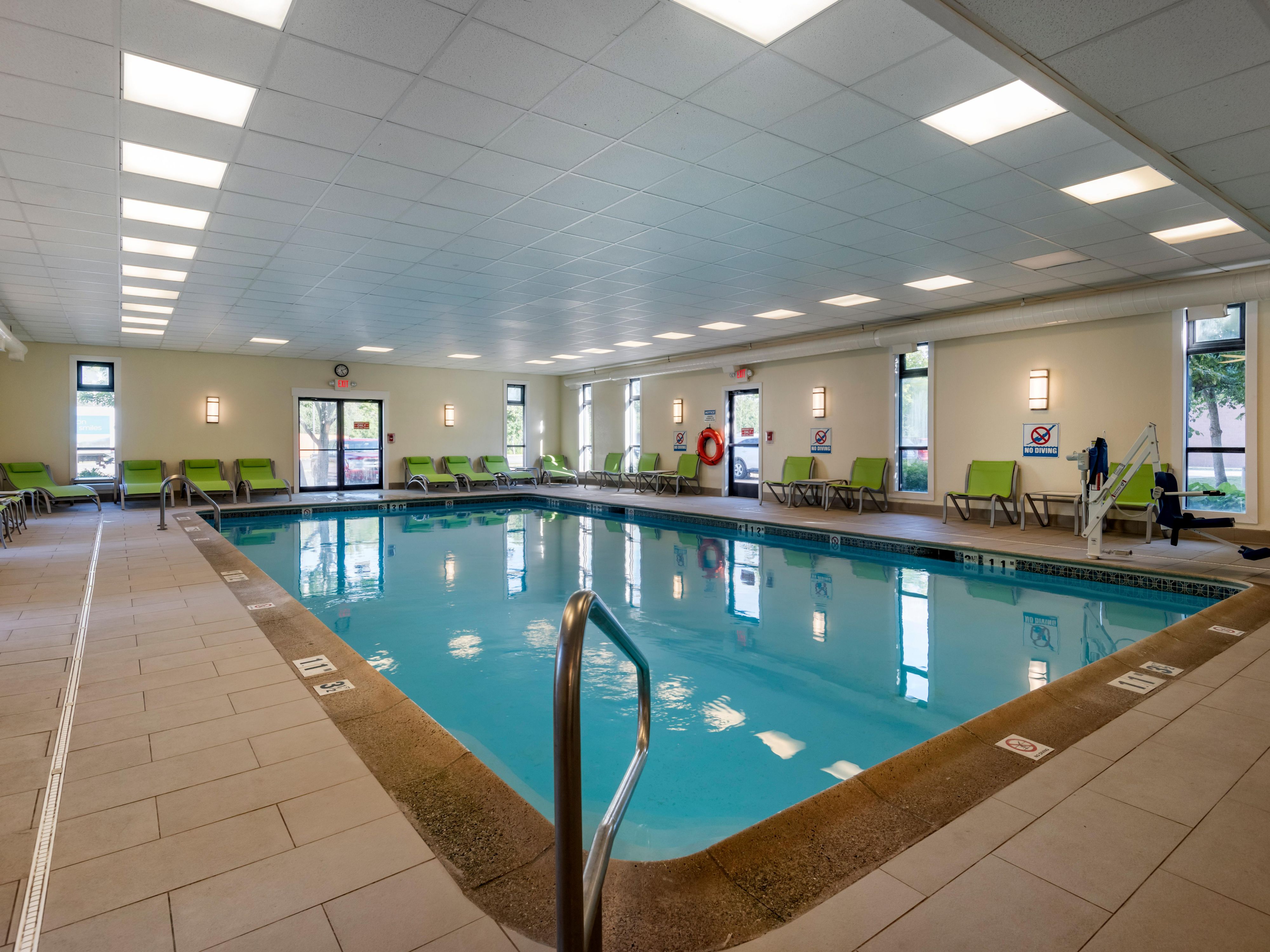 Spacious indoor heated pool open daily from 6AM to 10PM.  Come and relax or exercise in our indoor pool.  Changing room, lockers and plenty of seating to ensure you enjoy your time in our pool area.
