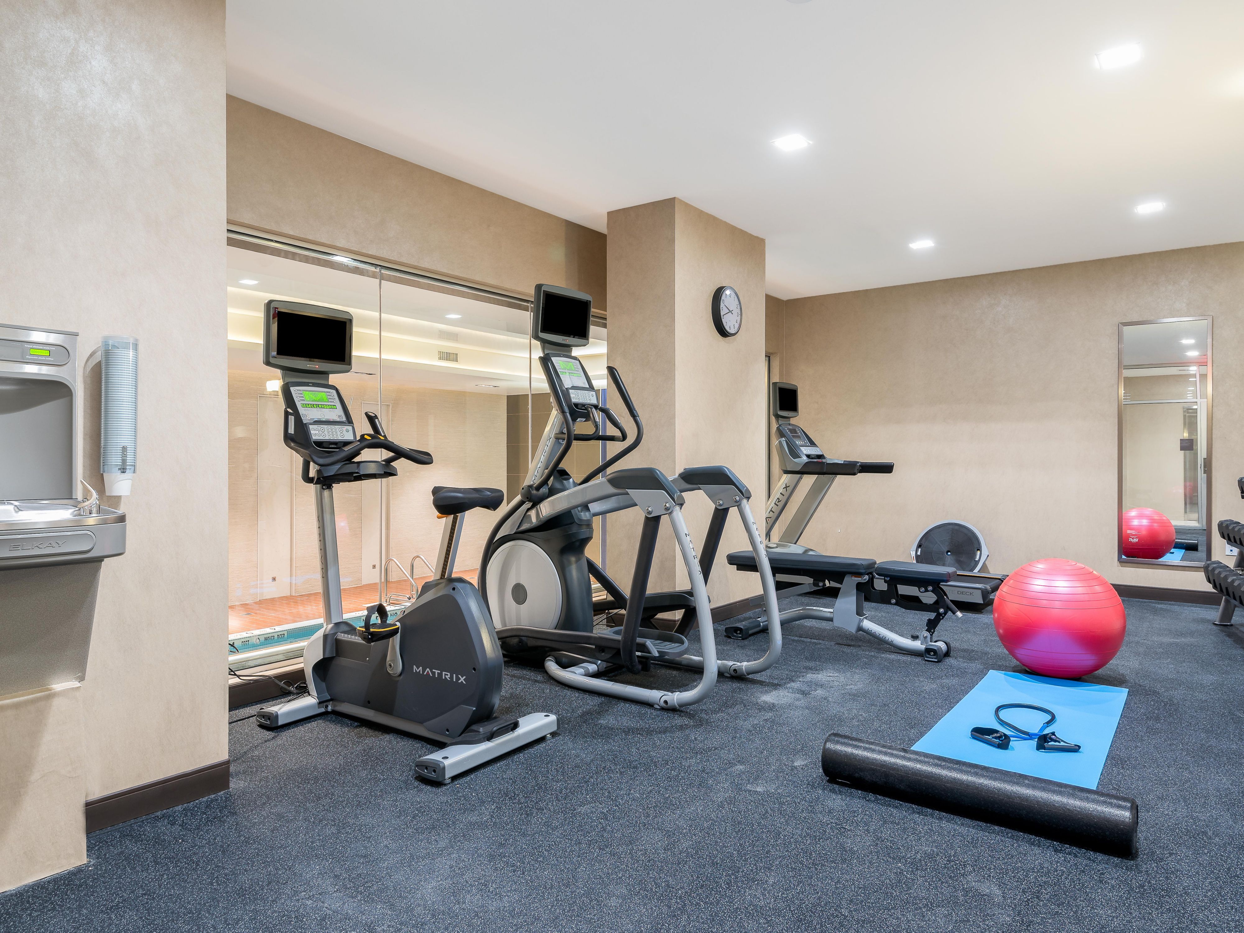 Workout at our Fitness Center to stay on track with your fitness goals! Our equipment includes treadmill, elliptical machines, free weights, and stationary bicycle. 