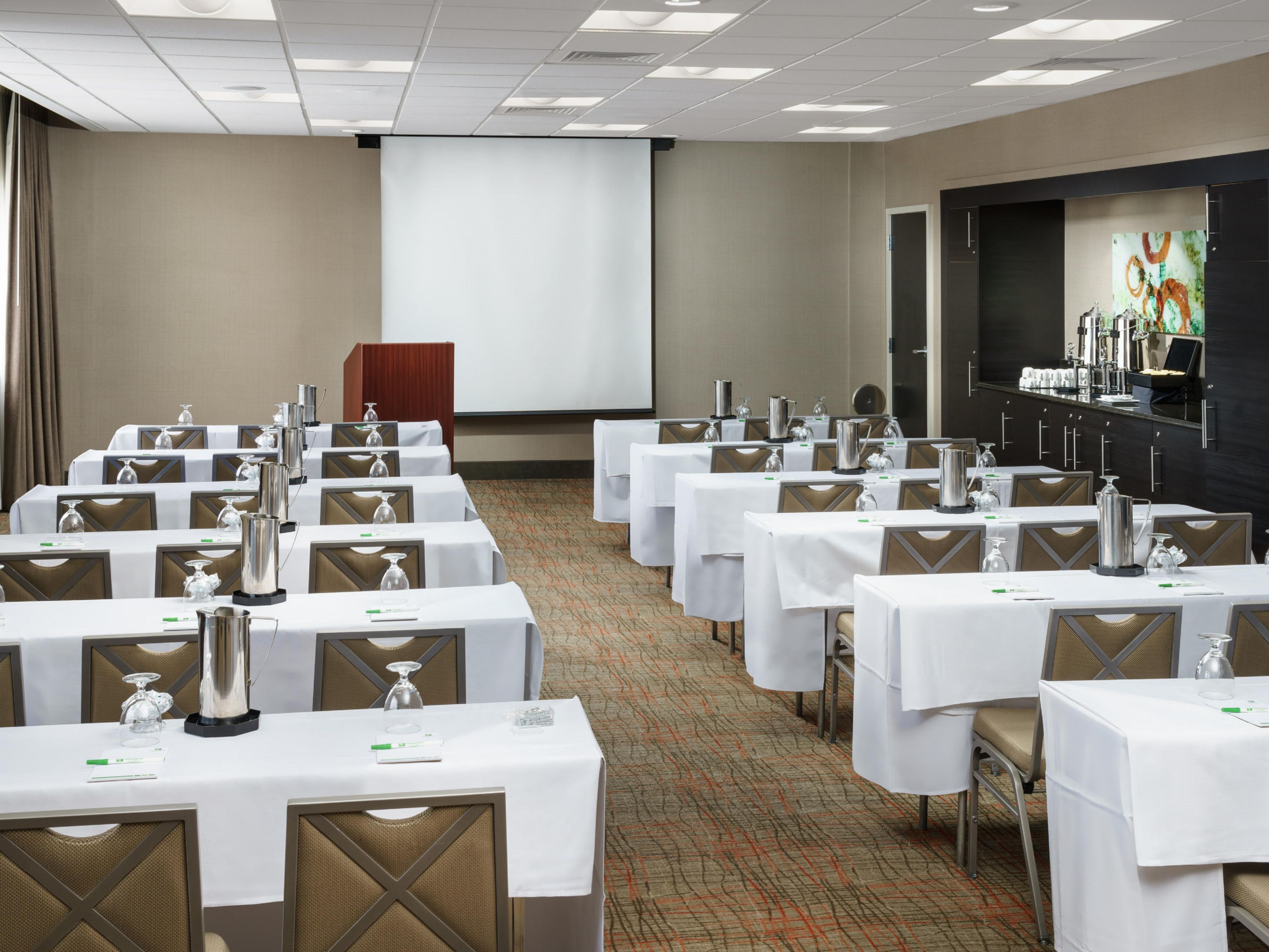 We offer multiple meetings spaces with many different setups. From sizes as small as 12 people to as large as 125 people, we can help you host the best meeting for your needs.