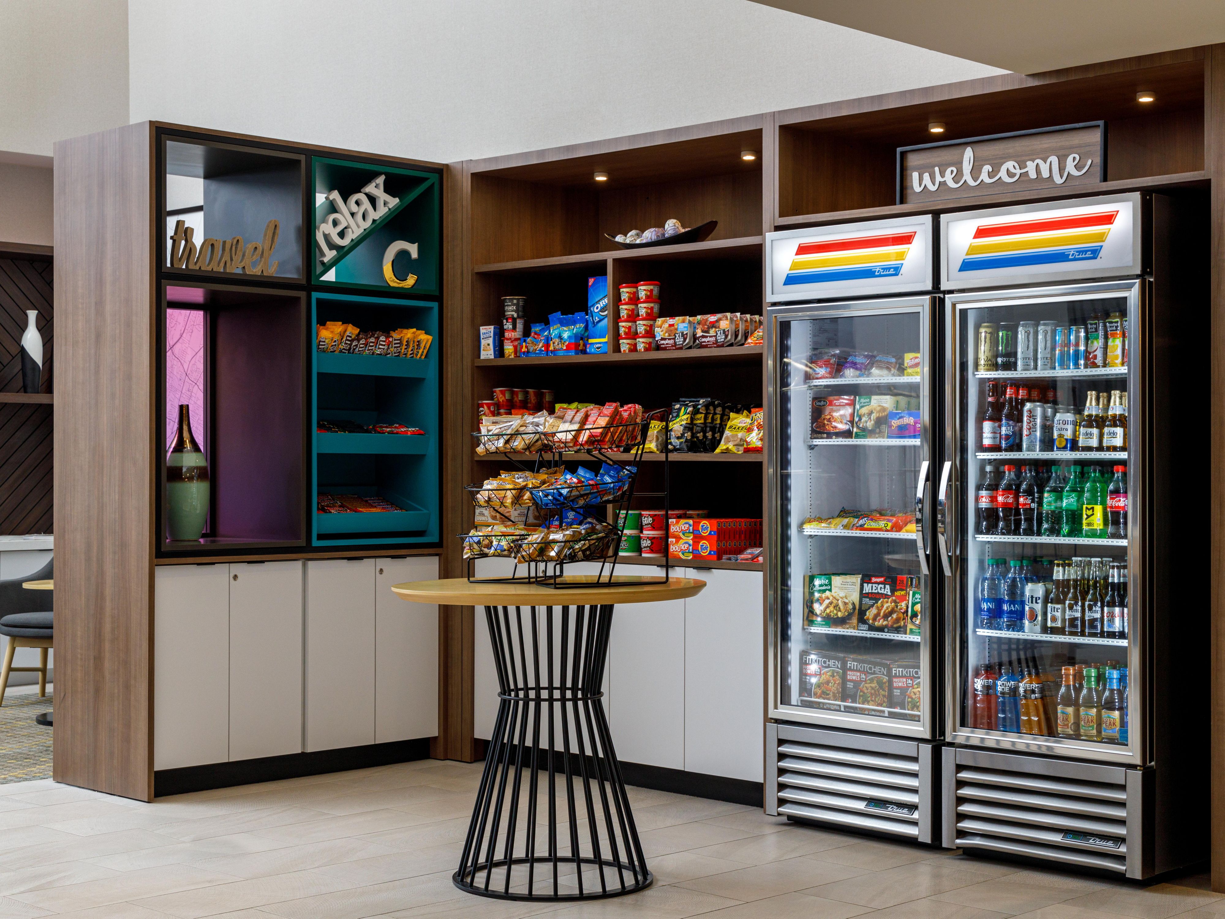 Visit our Marketplace in the lobby for sundries like ice cream, candy bars, salty snacks, chips, frozen grab and go food like pizza, Hot Pockets, microwavable food and more!  We also have a supply of toiletries you may need during your stay plus laundry detergent and beer.